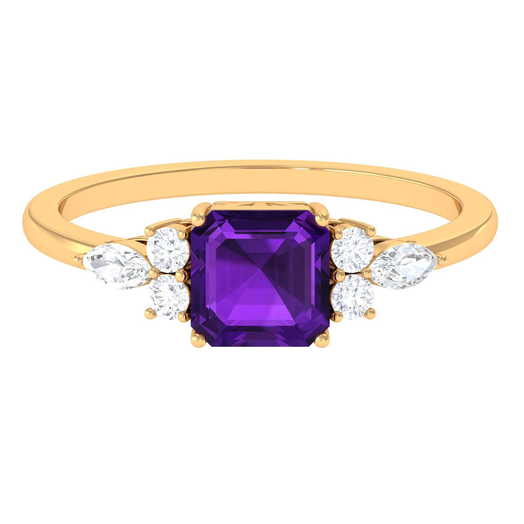 Certified Real 3 Carat Asscher Cut Amethyst Engagement Ring with Diamond Trio