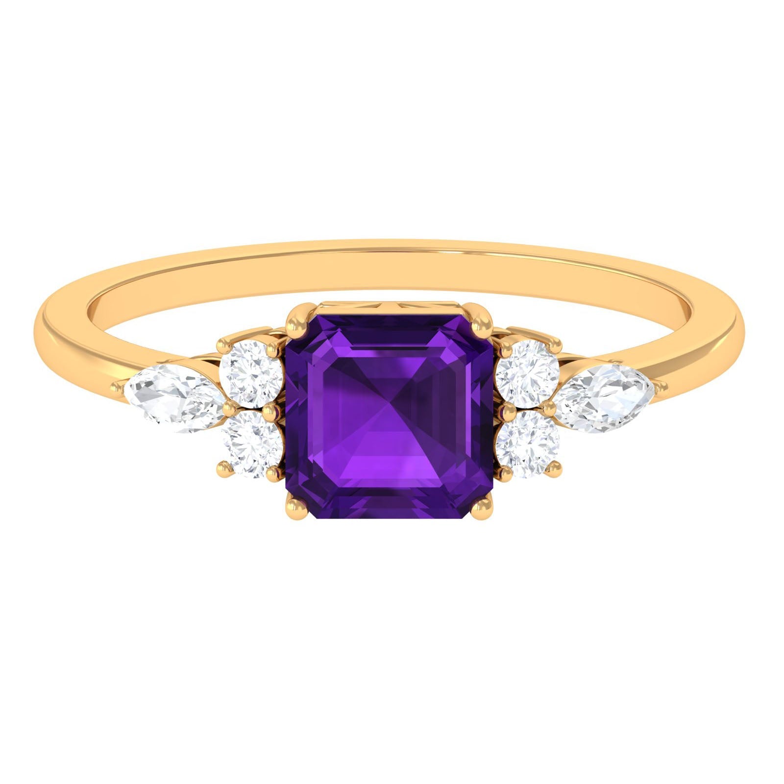 Certified Real 3 Carat Asscher Cut Amethyst Engagement Ring with Diamond Trio