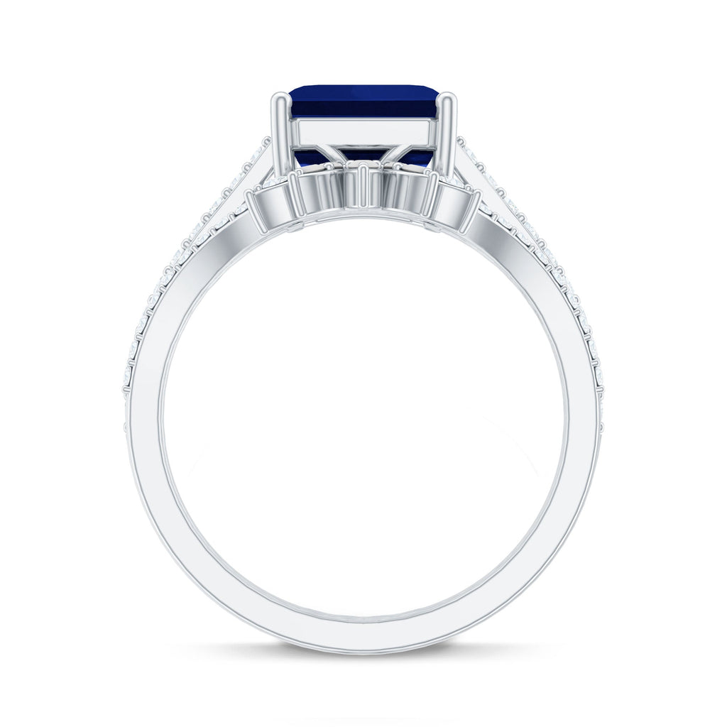 Certified 4.8 Carat Asscher Cut Lab Grown Blue Sapphire Diamond Engagement Ring with Enhancer