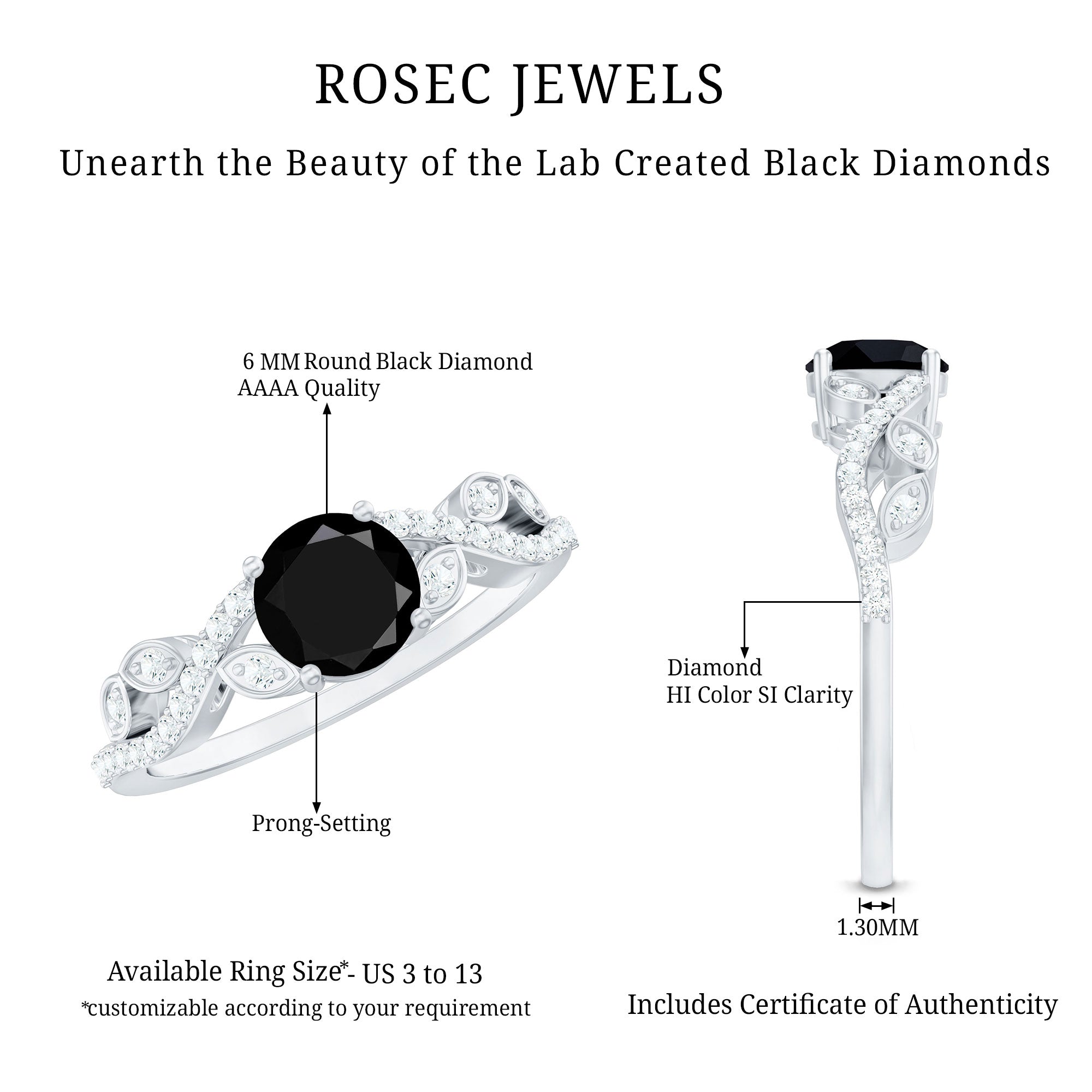 Certified 1.3 Carat Lab Grown Black Diamond Solitaire Engagement Ring with White Diamond