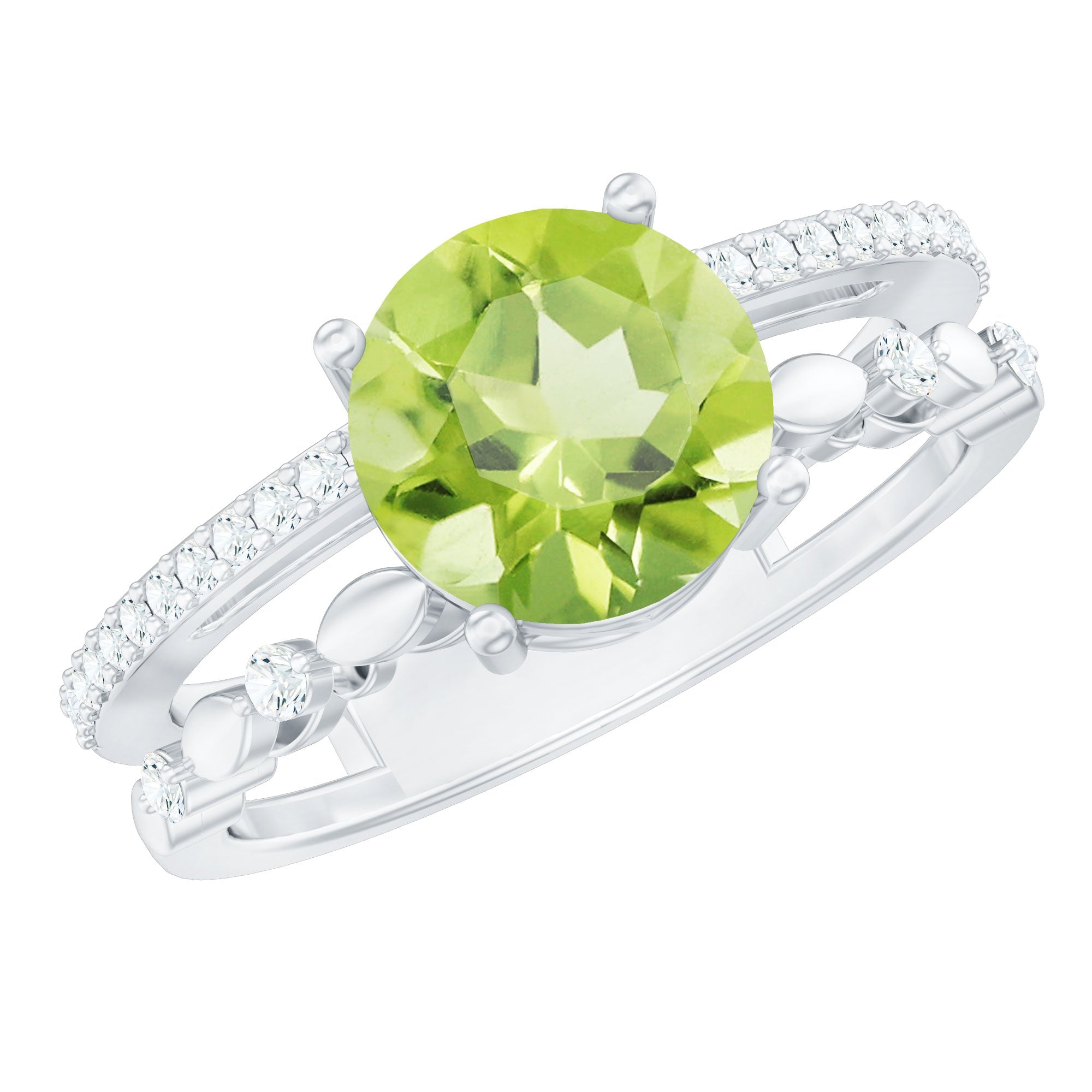 Genuine 2 Carat Peridot Double Band Engagement Ring with Diamond