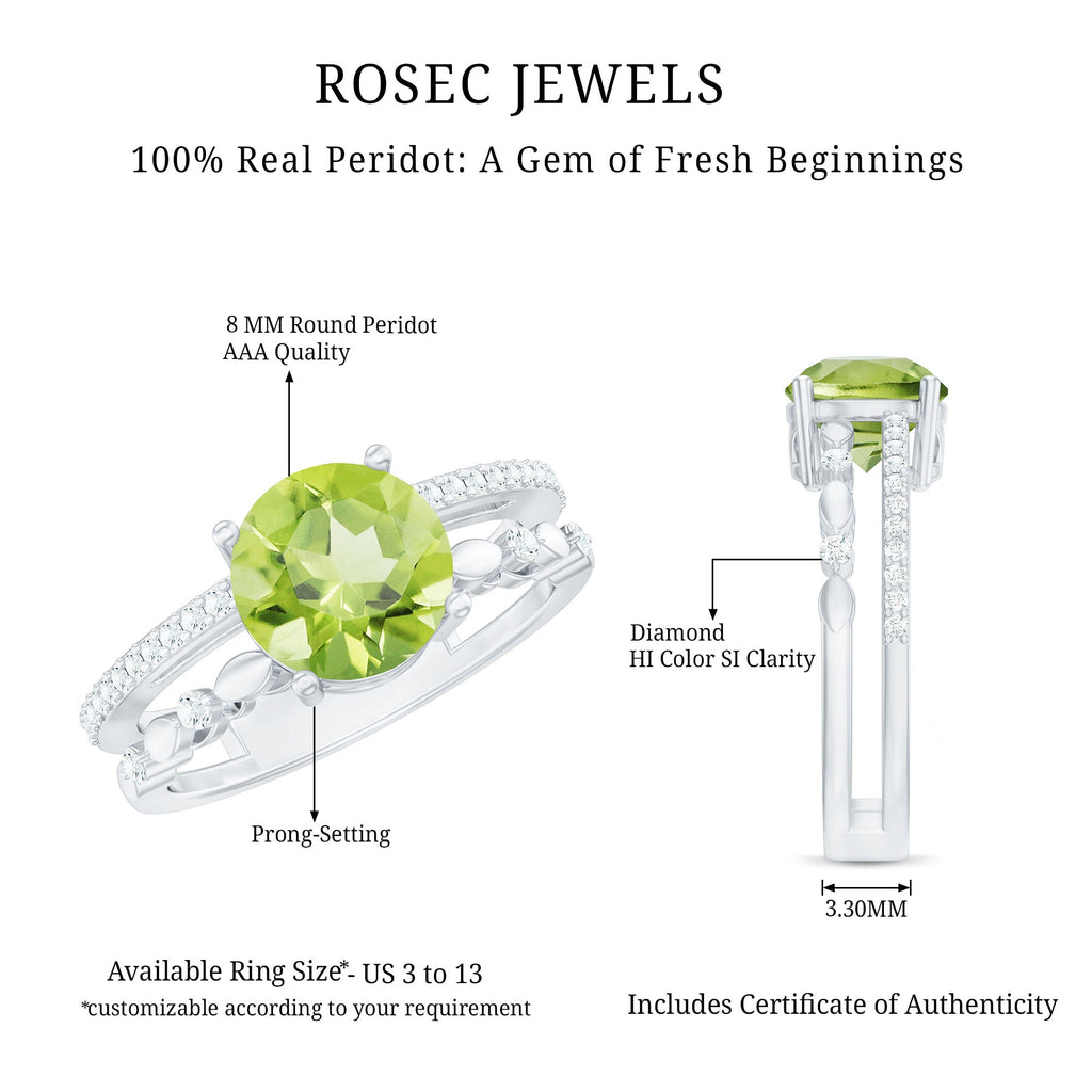 Genuine 2 Carat Peridot Double Band Engagement Ring with Diamond