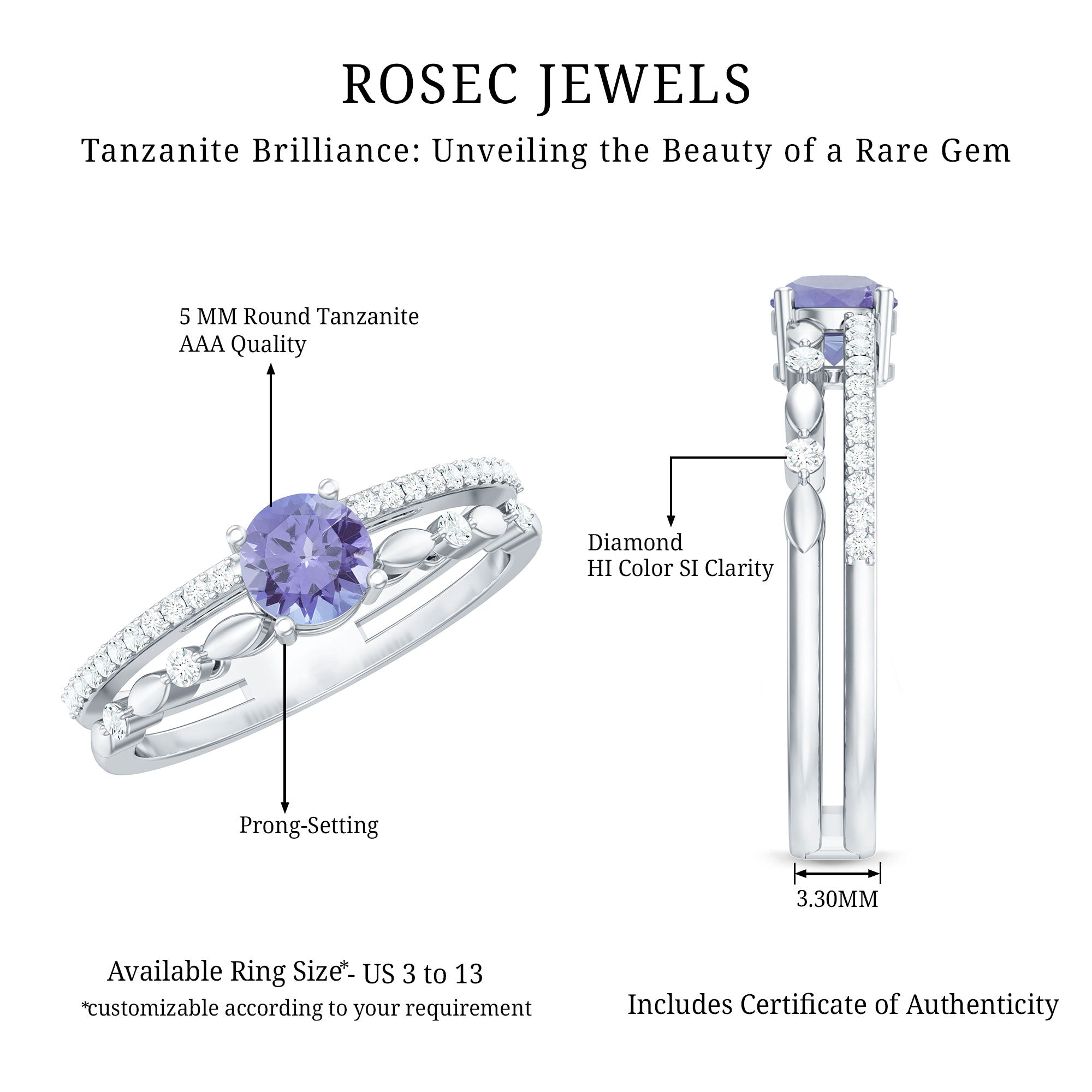 Certified Real Tanzanite Double Band Engagement Ring with Diamond