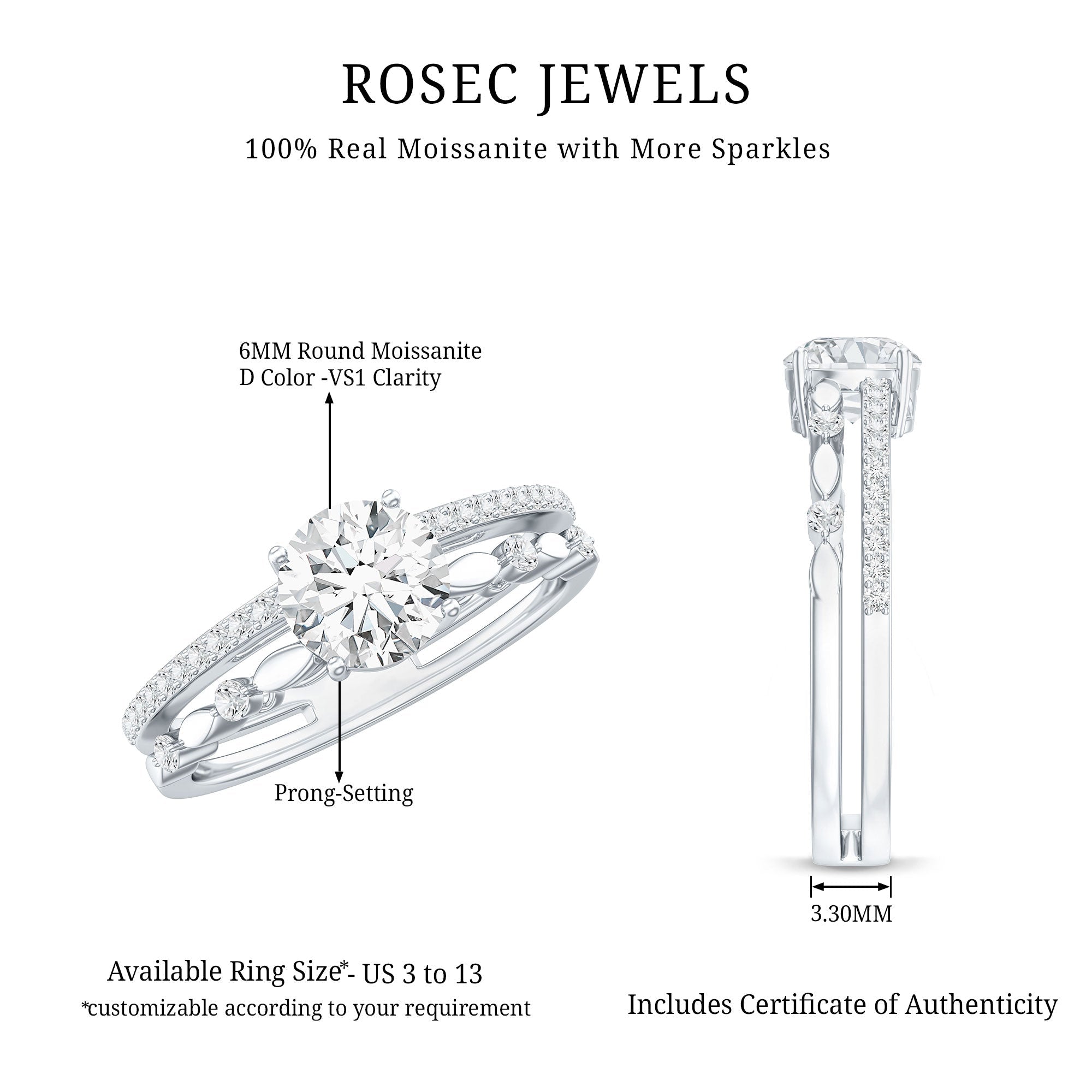 Certified Round Shape Moissanite Designer Engagement Ring