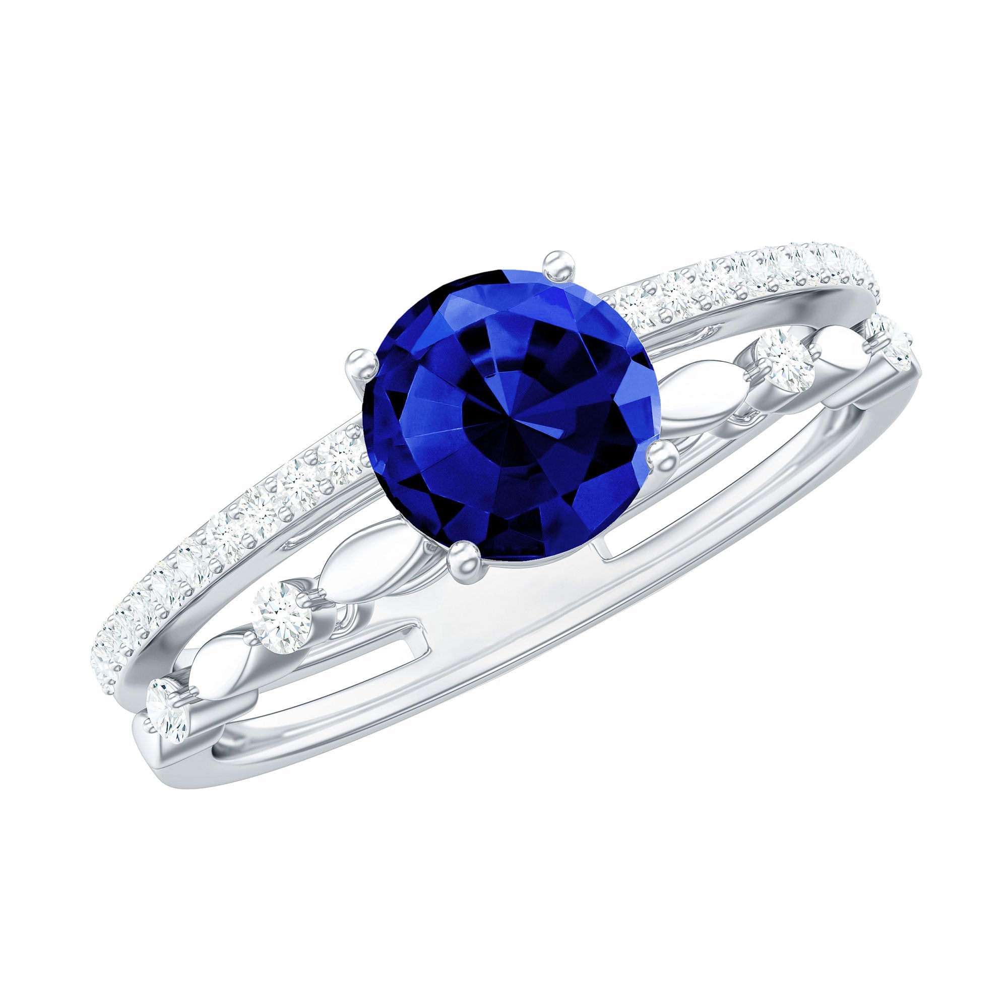 Certified 1 Carat Lab Grown Blue Sapphire Diamond Double Band Engagement Ring