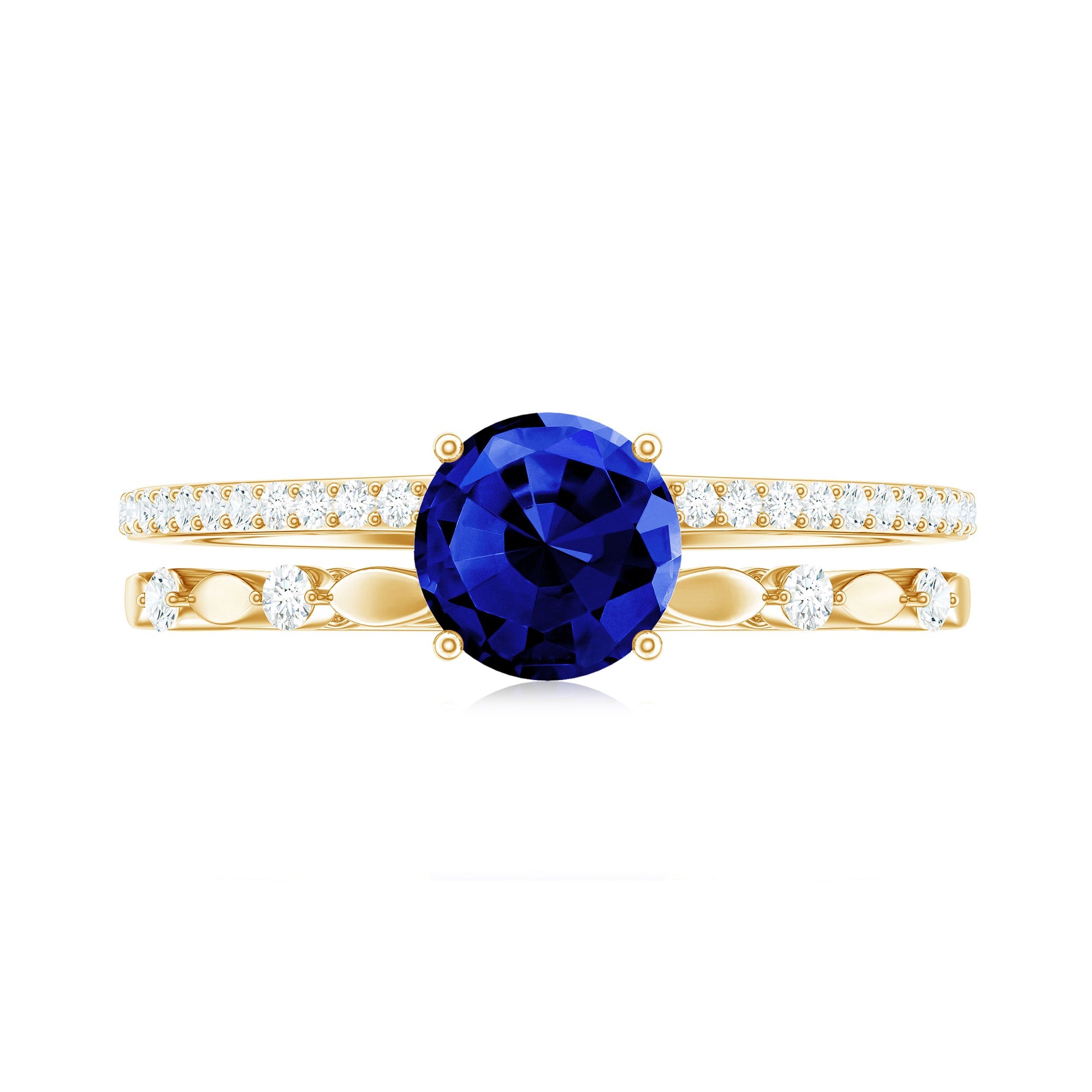 Certified 1 Carat Lab Grown Blue Sapphire Diamond Double Band Engagement Ring
