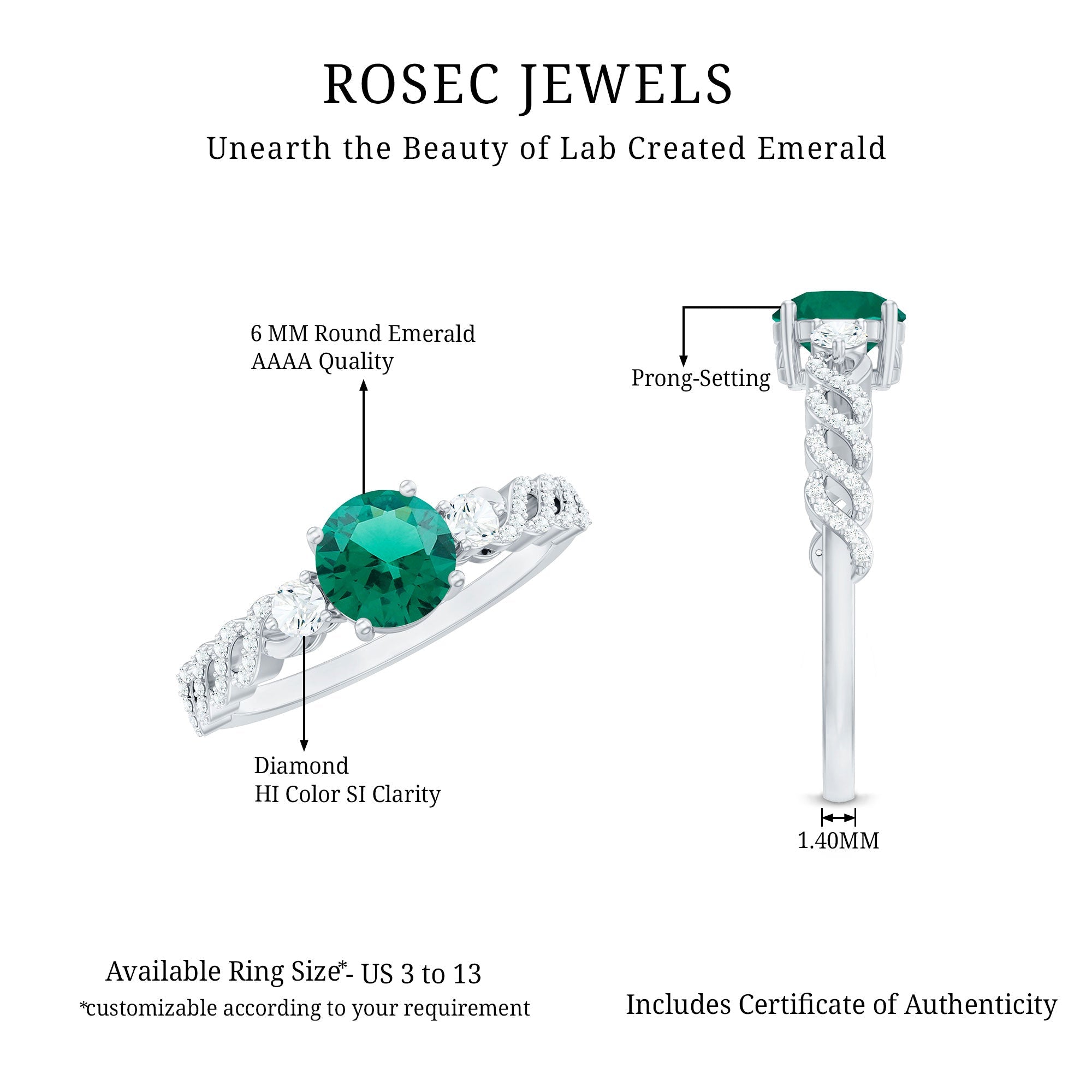 Certified Lab Grown Emerald Diamond Designer Engagement Ring