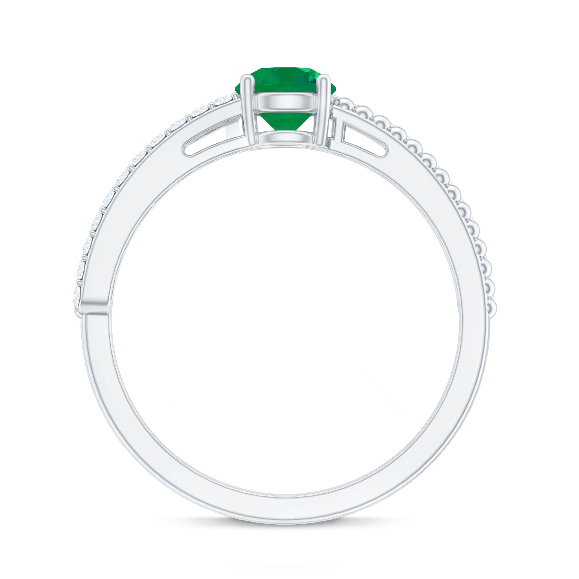 Certified Real Emerald Diamond Engagement Ring with Beaded Detailing