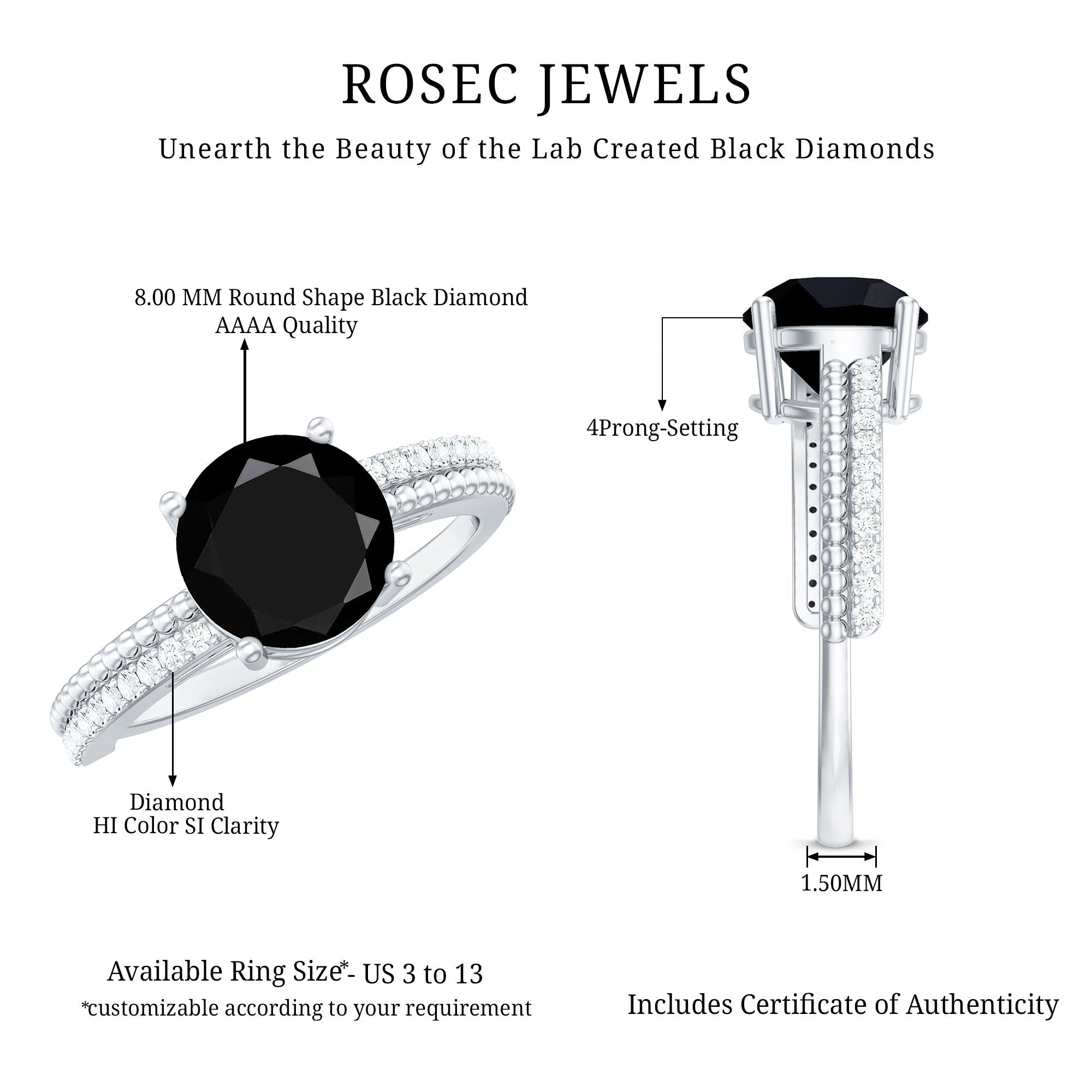 Certified 2 Carat Lab Grown Black and White Diamond Engagement Ring