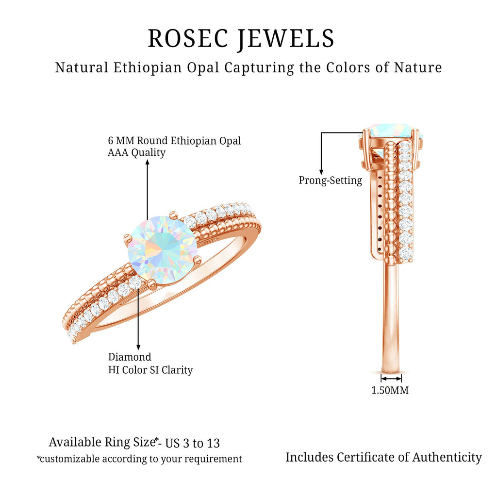 Natural Ethiopian Opal Diamond Solitaire Engagement Ring with Beaded Detailing