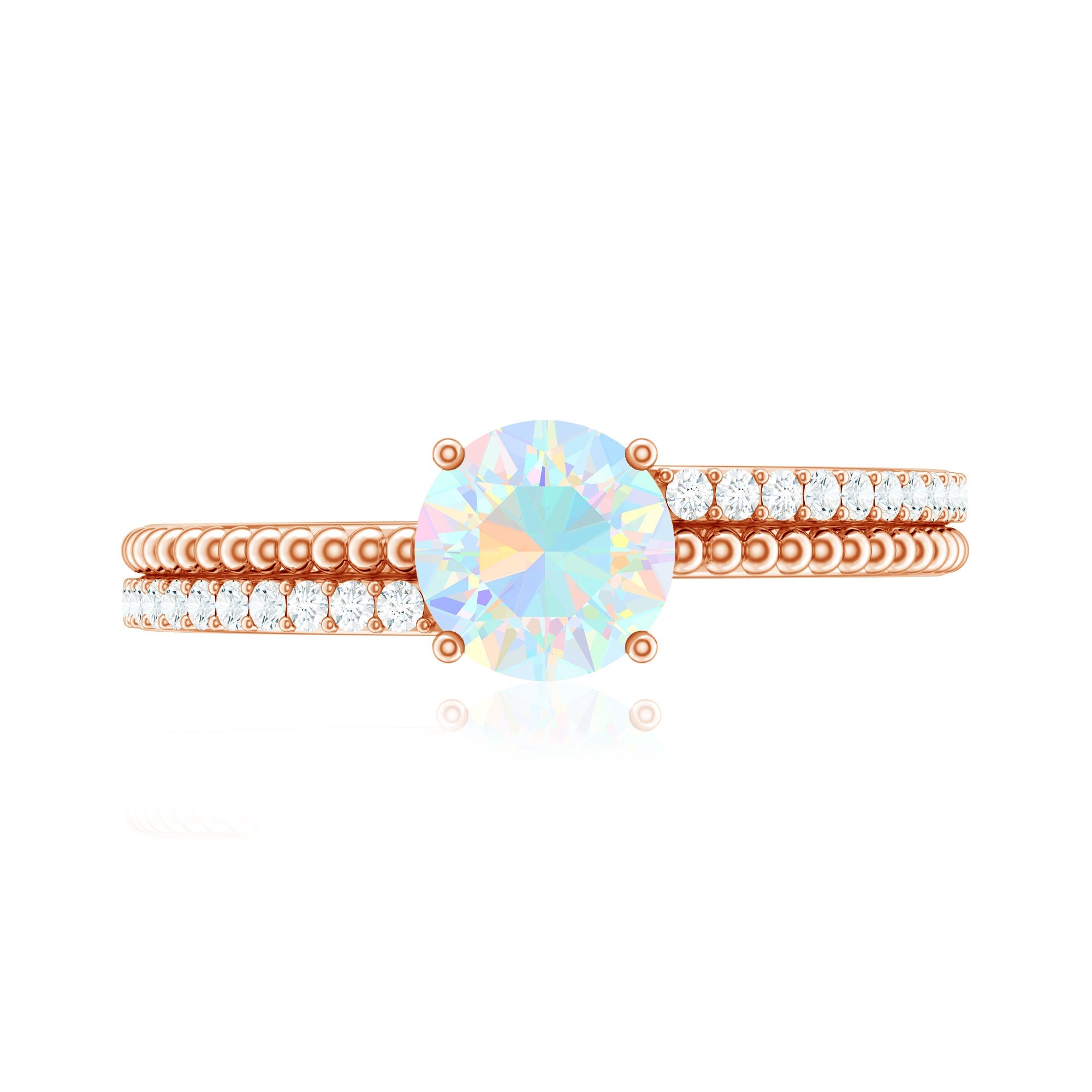 Natural Ethiopian Opal Diamond Solitaire Engagement Ring with Beaded Detailing