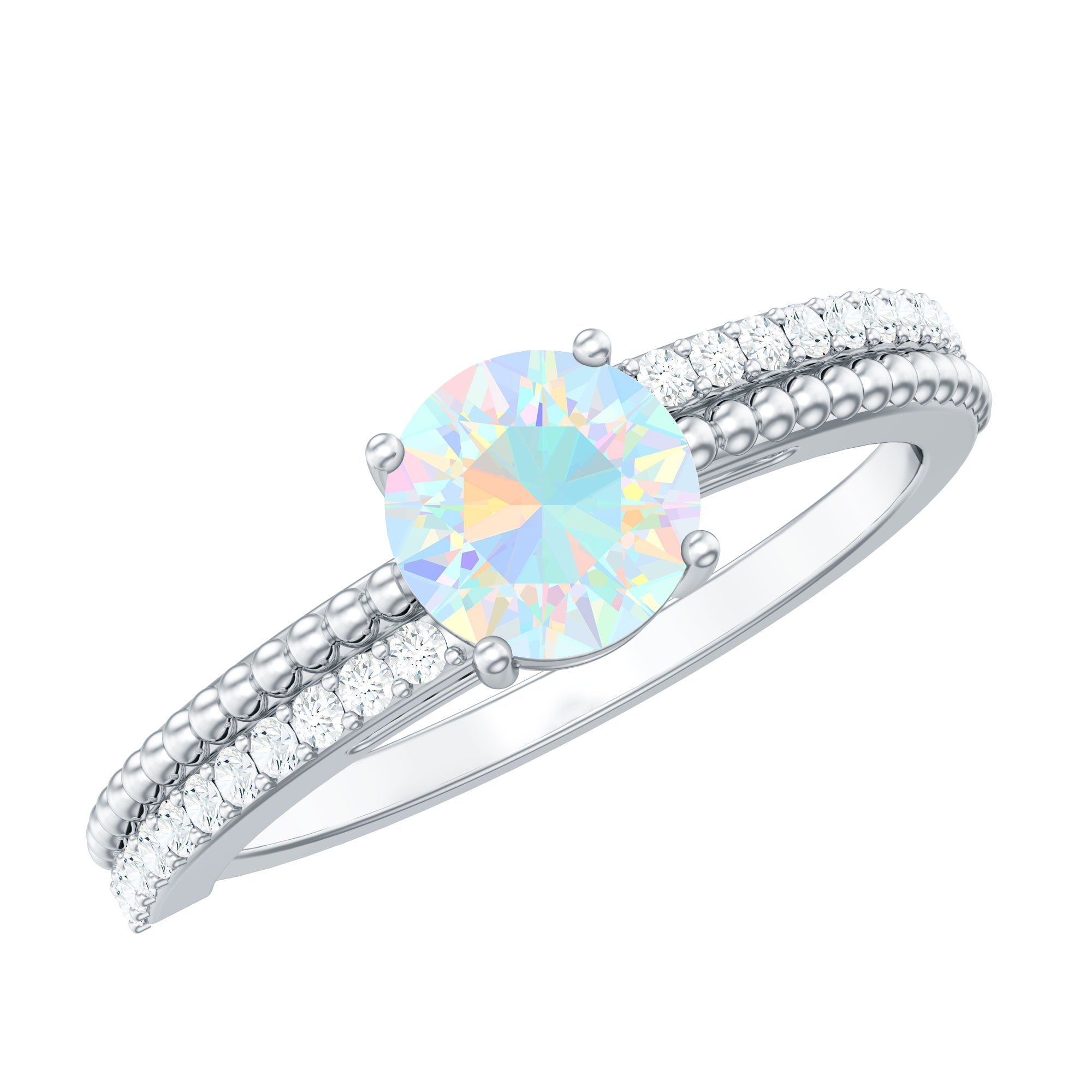 Natural Ethiopian Opal Diamond Solitaire Engagement Ring with Beaded Detailing