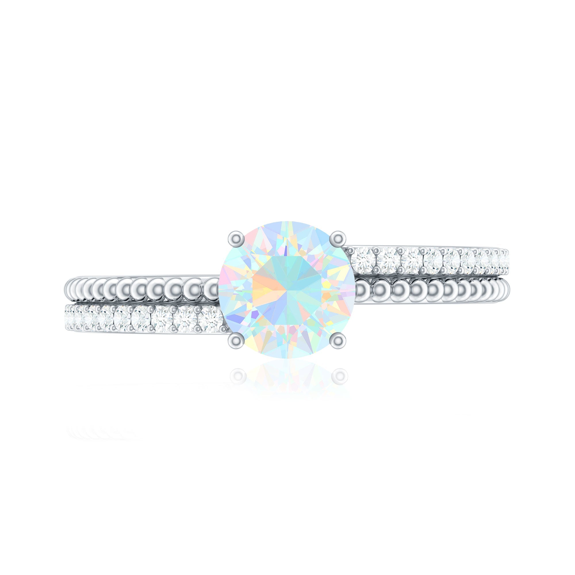 Natural Ethiopian Opal Diamond Solitaire Engagement Ring with Beaded Detailing