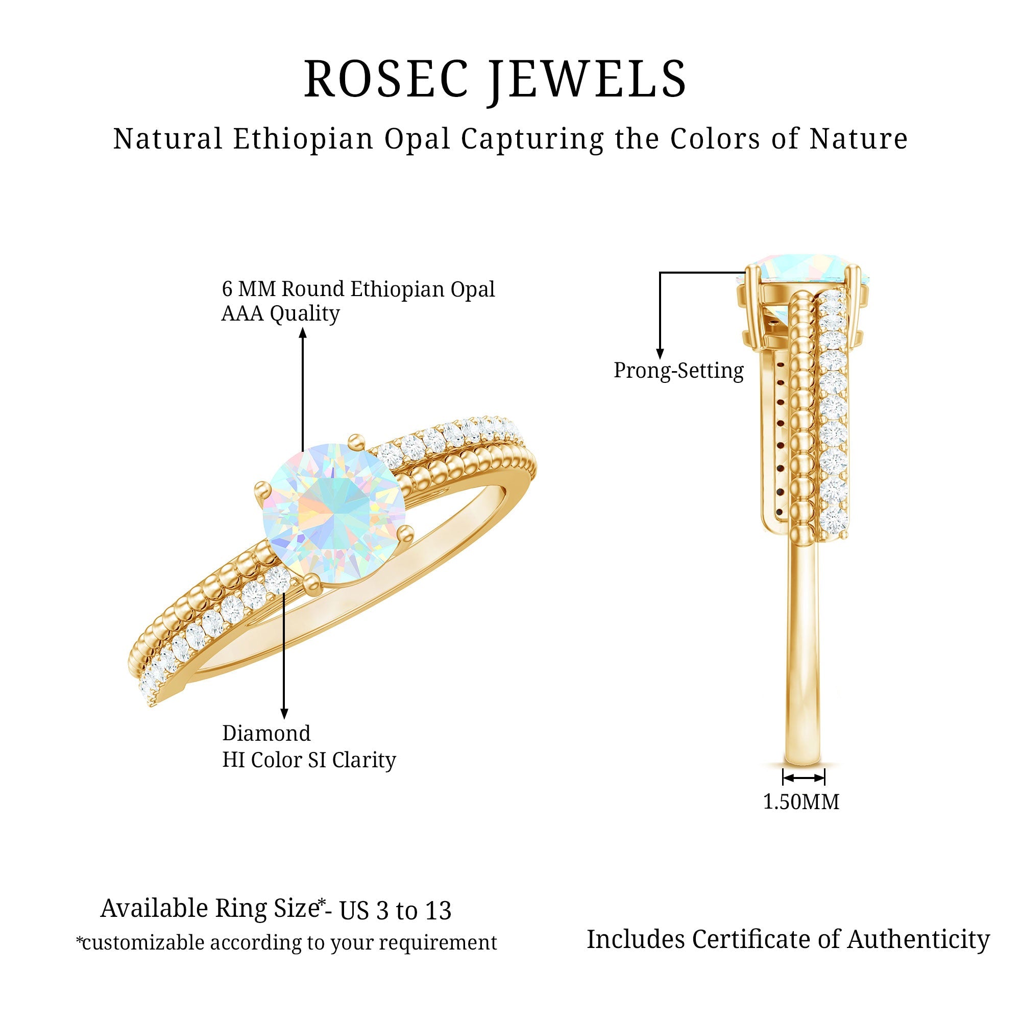 Natural Ethiopian Opal Diamond Solitaire Engagement Ring with Beaded Detailing