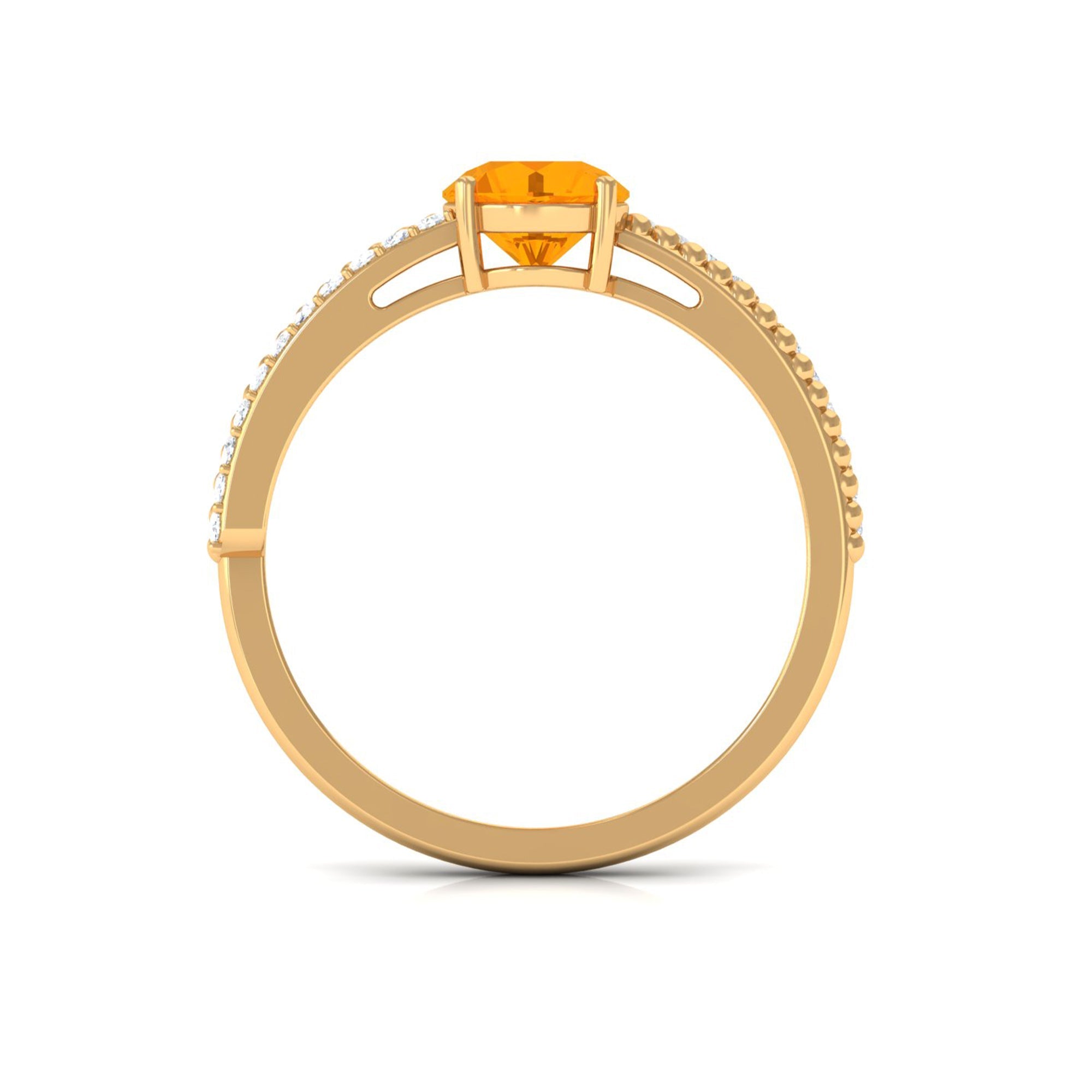 0.7 Carat Round Fire Opal Solitaire Ring with Diamond and Beaded Shank
