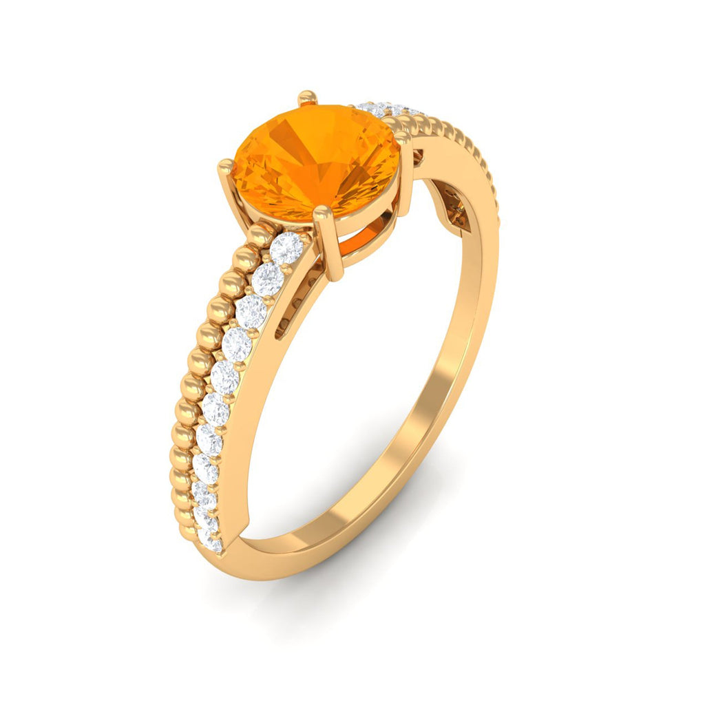 0.7 Carat Round Fire Opal Solitaire Ring with Diamond and Beaded Shank