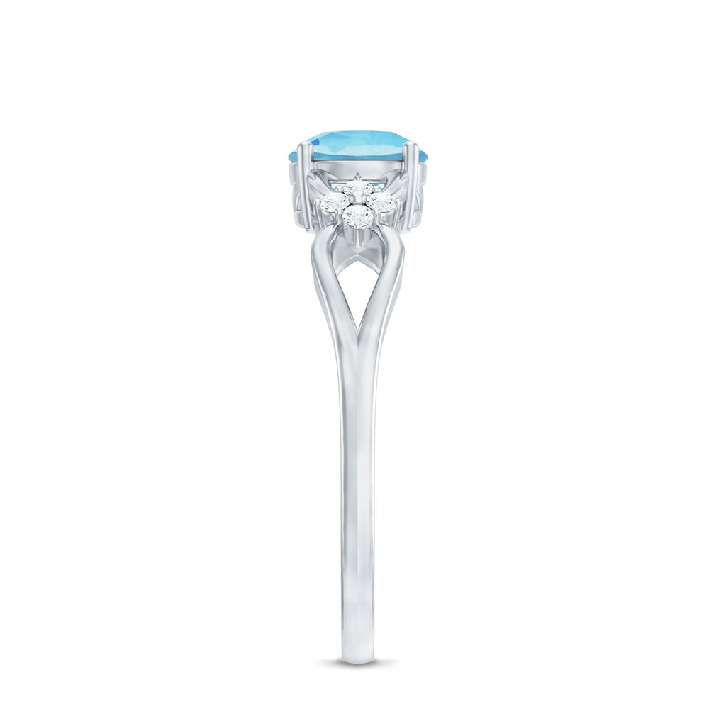 Genuine Aquamarine Crossover Engagement Ring with Diamond Flower