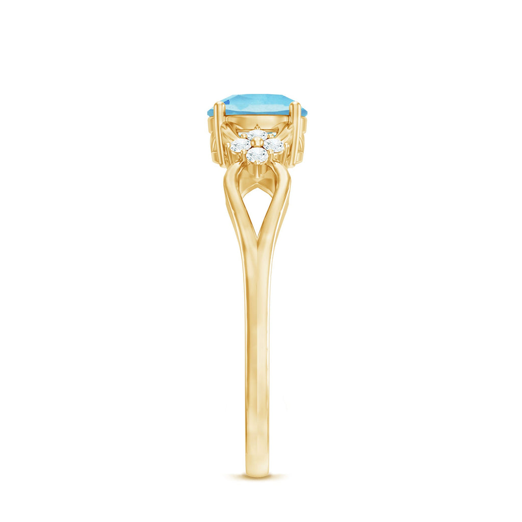 Genuine Aquamarine Crossover Engagement Ring with Diamond Flower