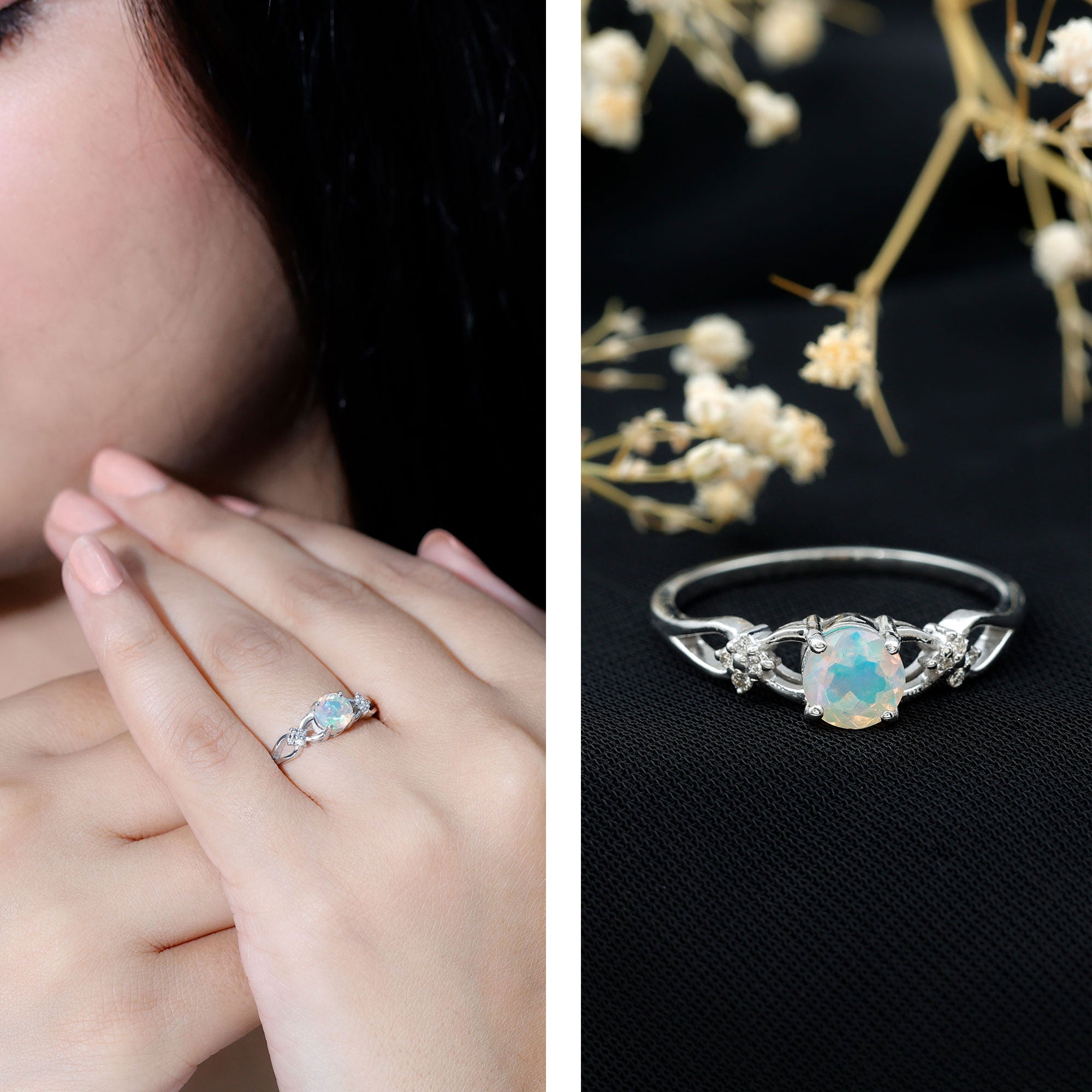 Natural Ethiopian Opal Crossover Engagement Ring with Floral Diamond