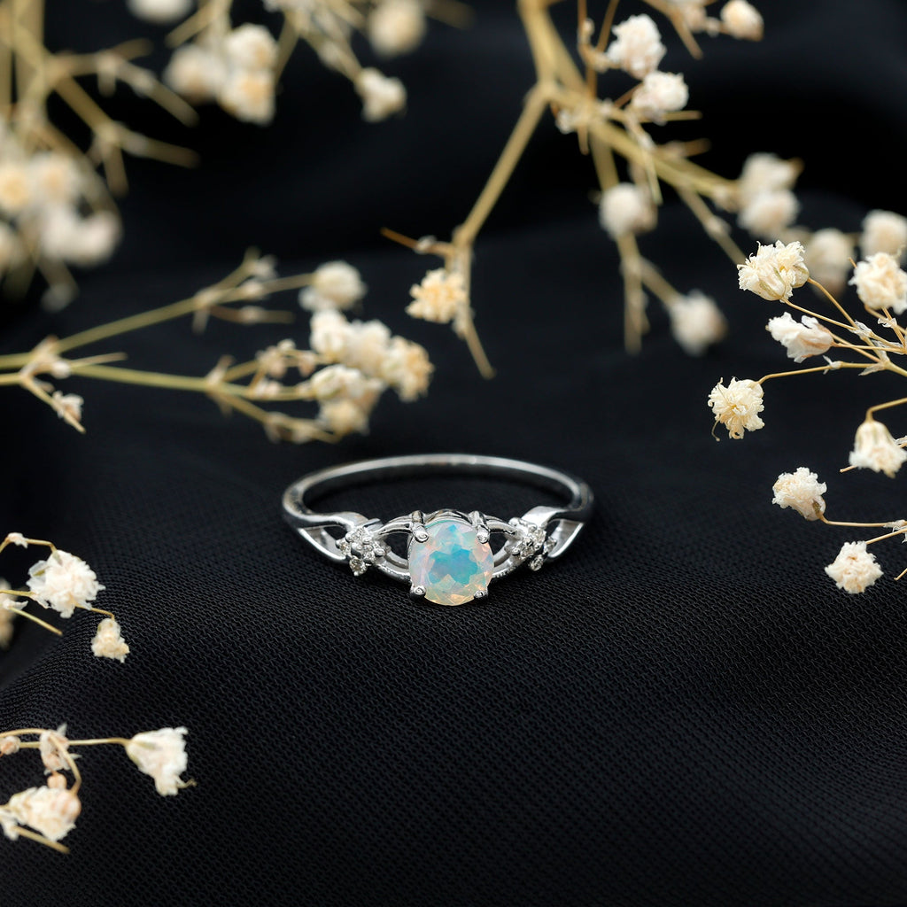 Natural Ethiopian Opal Crossover Engagement Ring with Floral Diamond