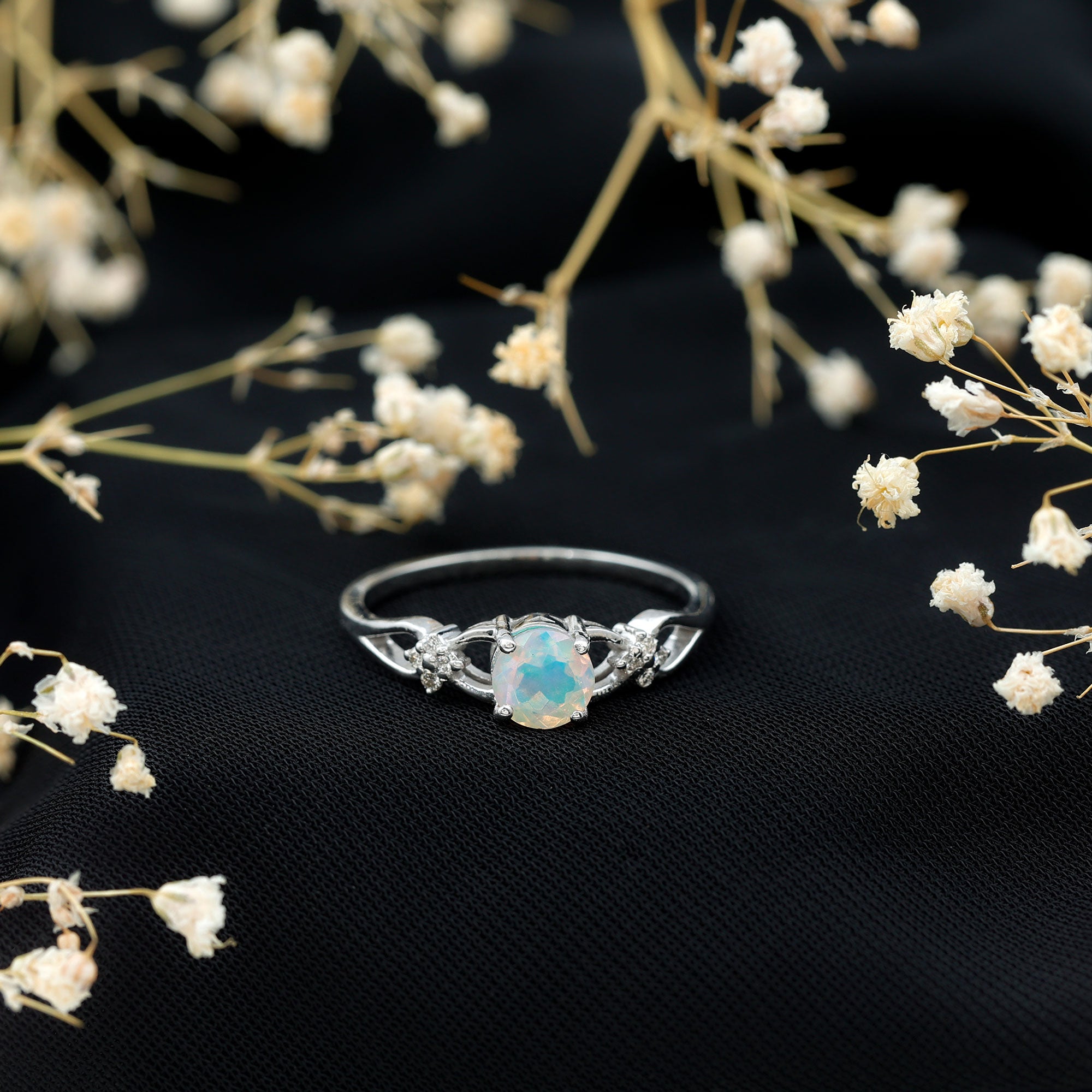Natural Ethiopian Opal Crossover Engagement Ring with Floral Diamond