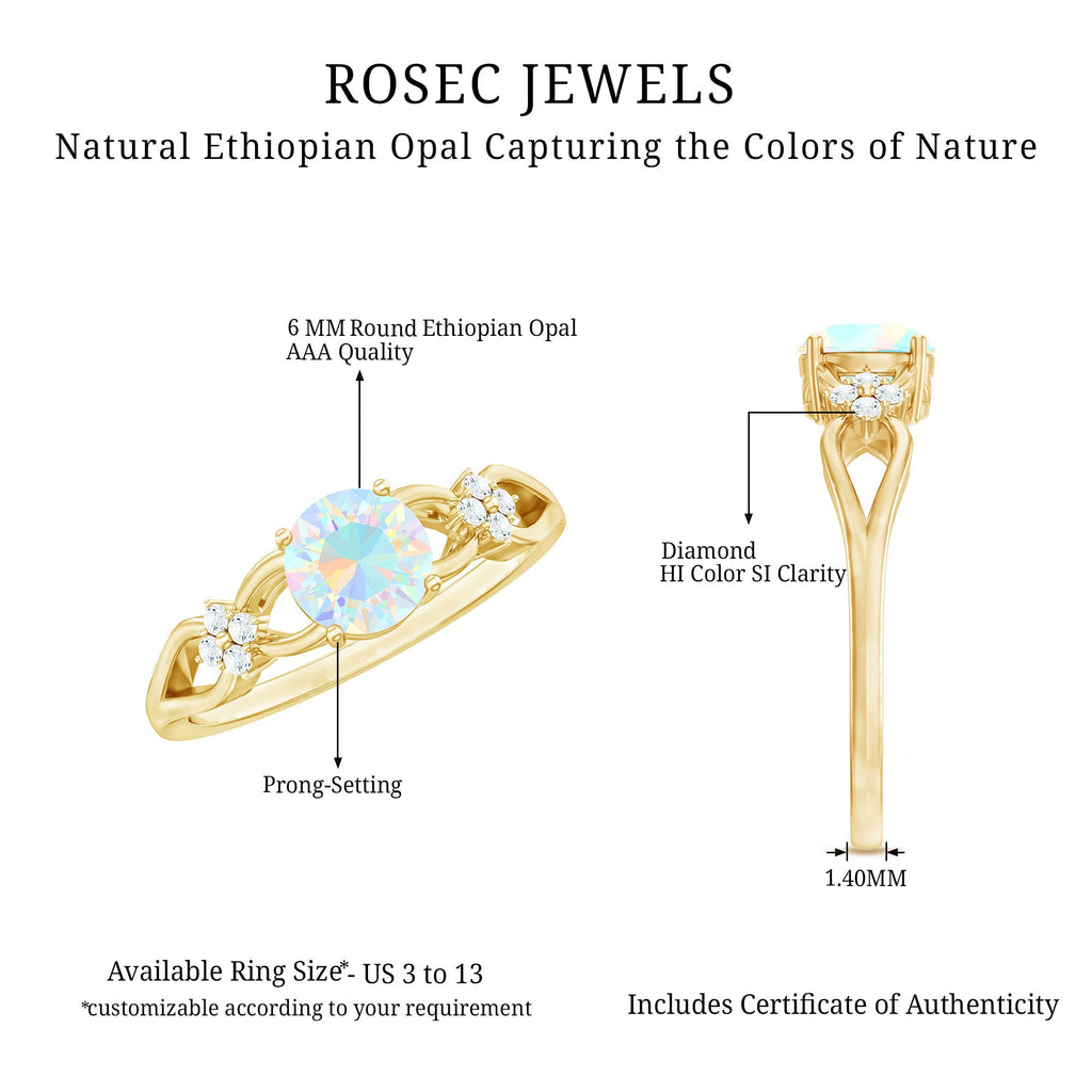 Natural Ethiopian Opal Crossover Engagement Ring with Floral Diamond