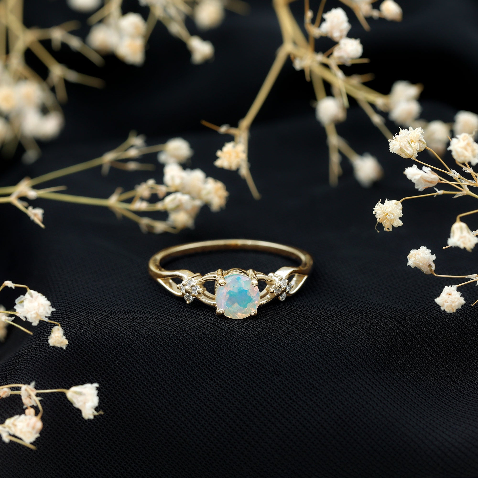 Natural Ethiopian Opal Crossover Engagement Ring with Floral Diamond
