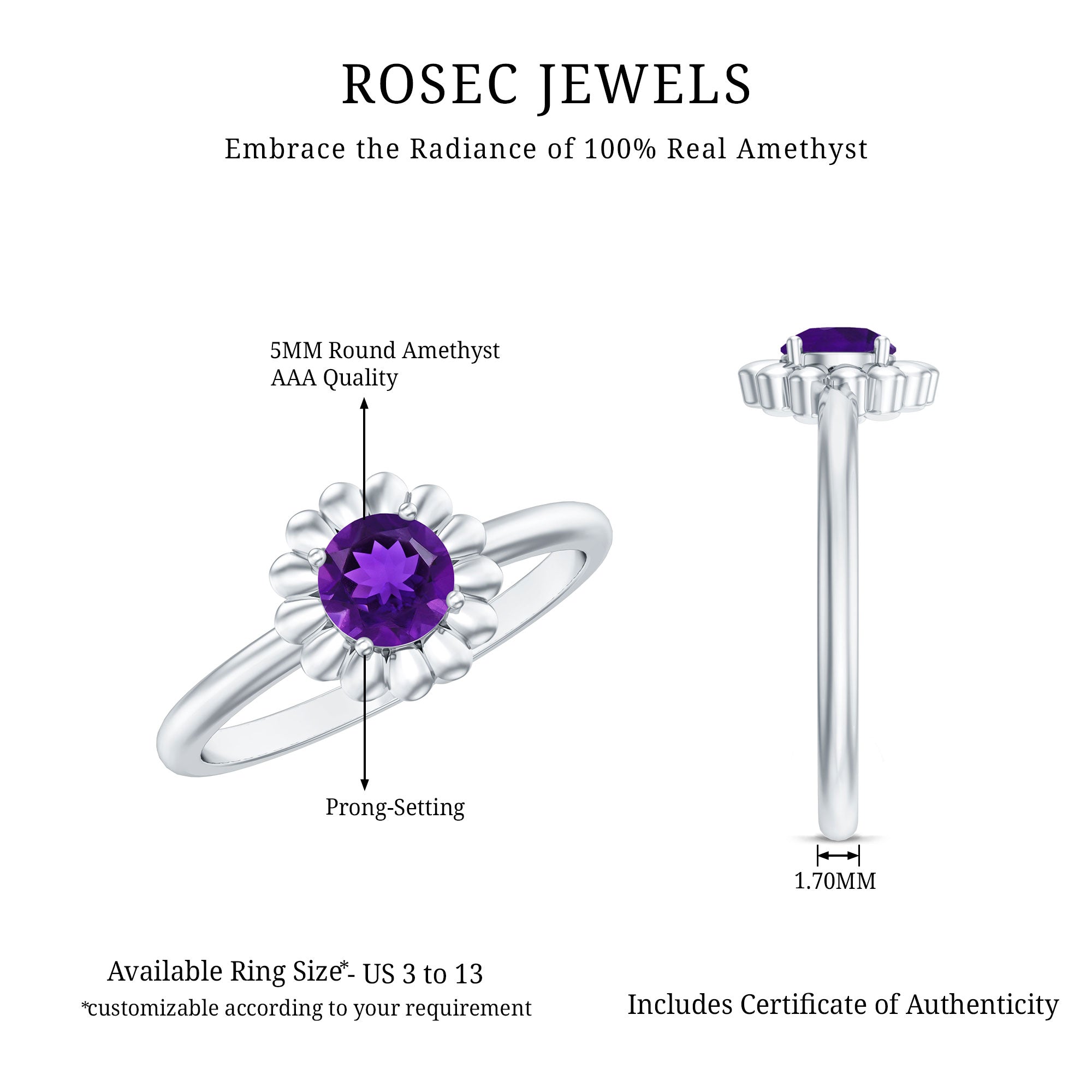 Round Cut Solitaire Amethyst Flower Promise Ring