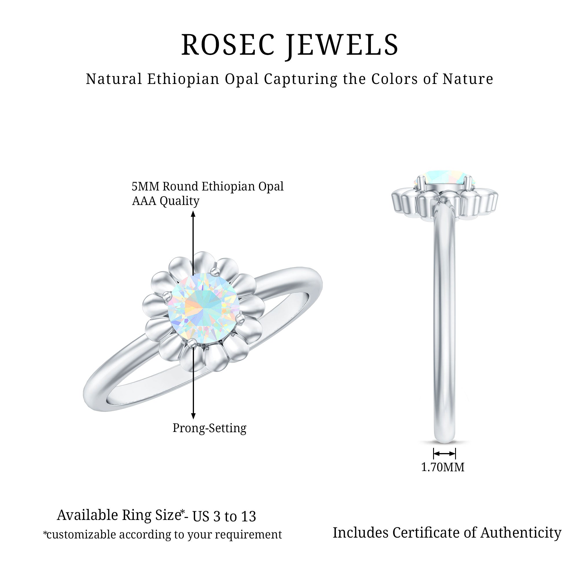 Natural Solitaire Ethiopian Opal Flower Promise Ring