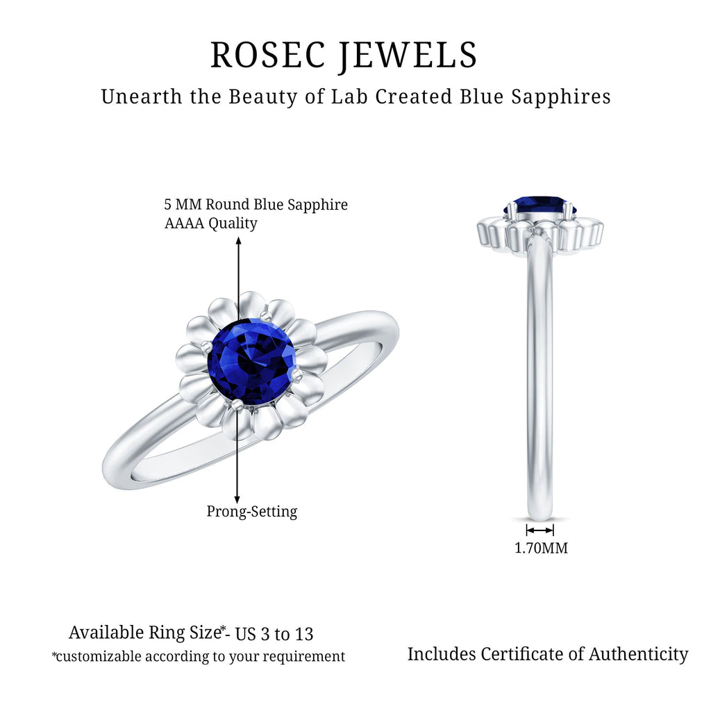 Certified 0.6 Carat Lab Grown Blue Sapphire Flower Promise Ring for Women