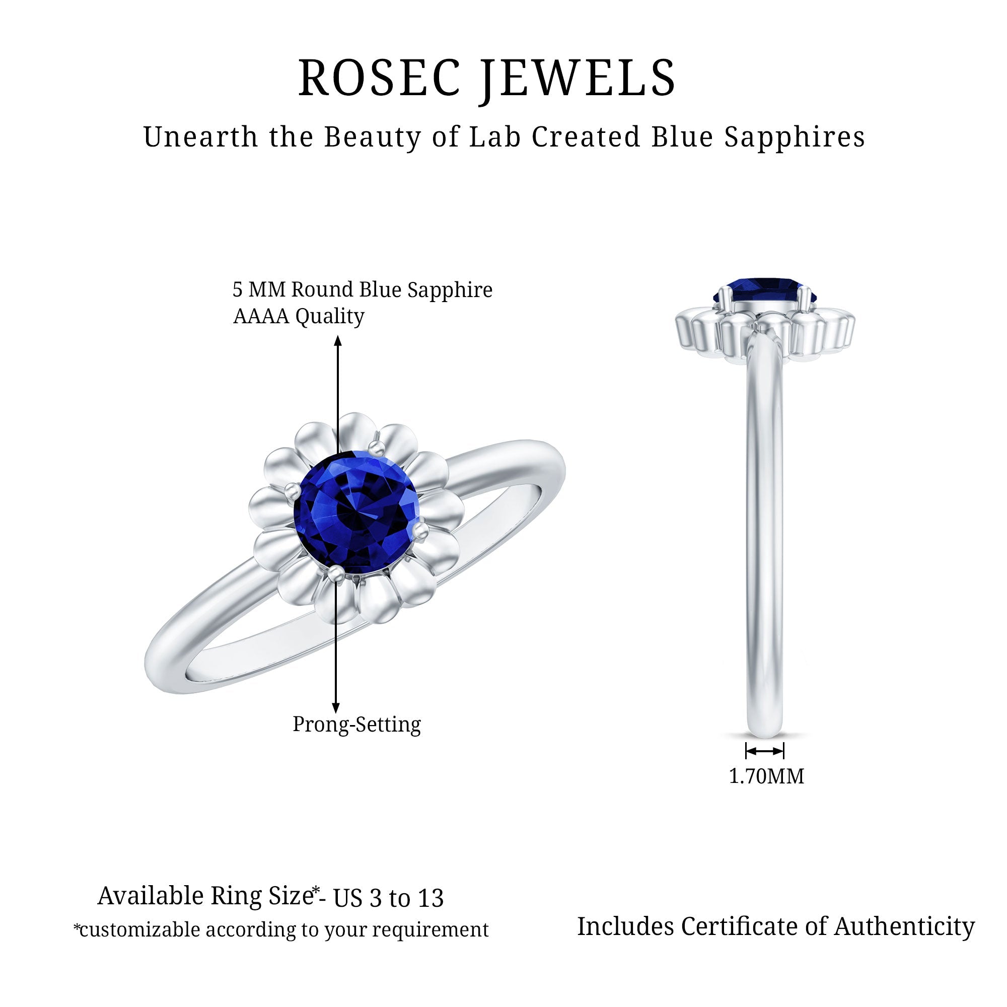 Certified 0.6 Carat Lab Grown Blue Sapphire Flower Promise Ring for Women