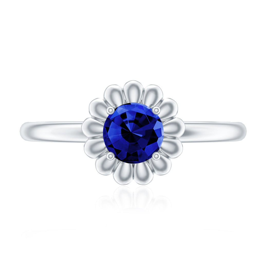 Certified 0.6 Carat Lab Grown Blue Sapphire Flower Promise Ring for Women