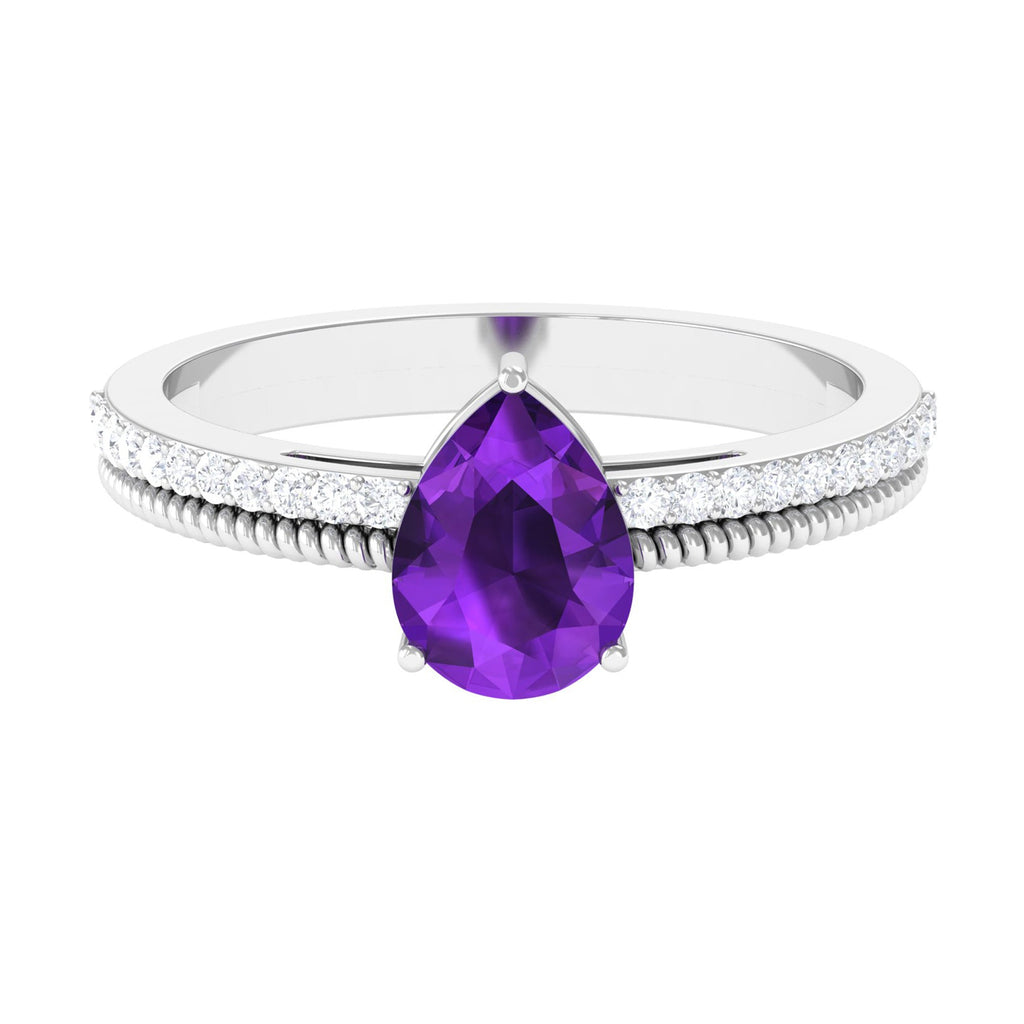 Real 1 Carat Amethyst Pear Shaped Engagement Ring with Diamond