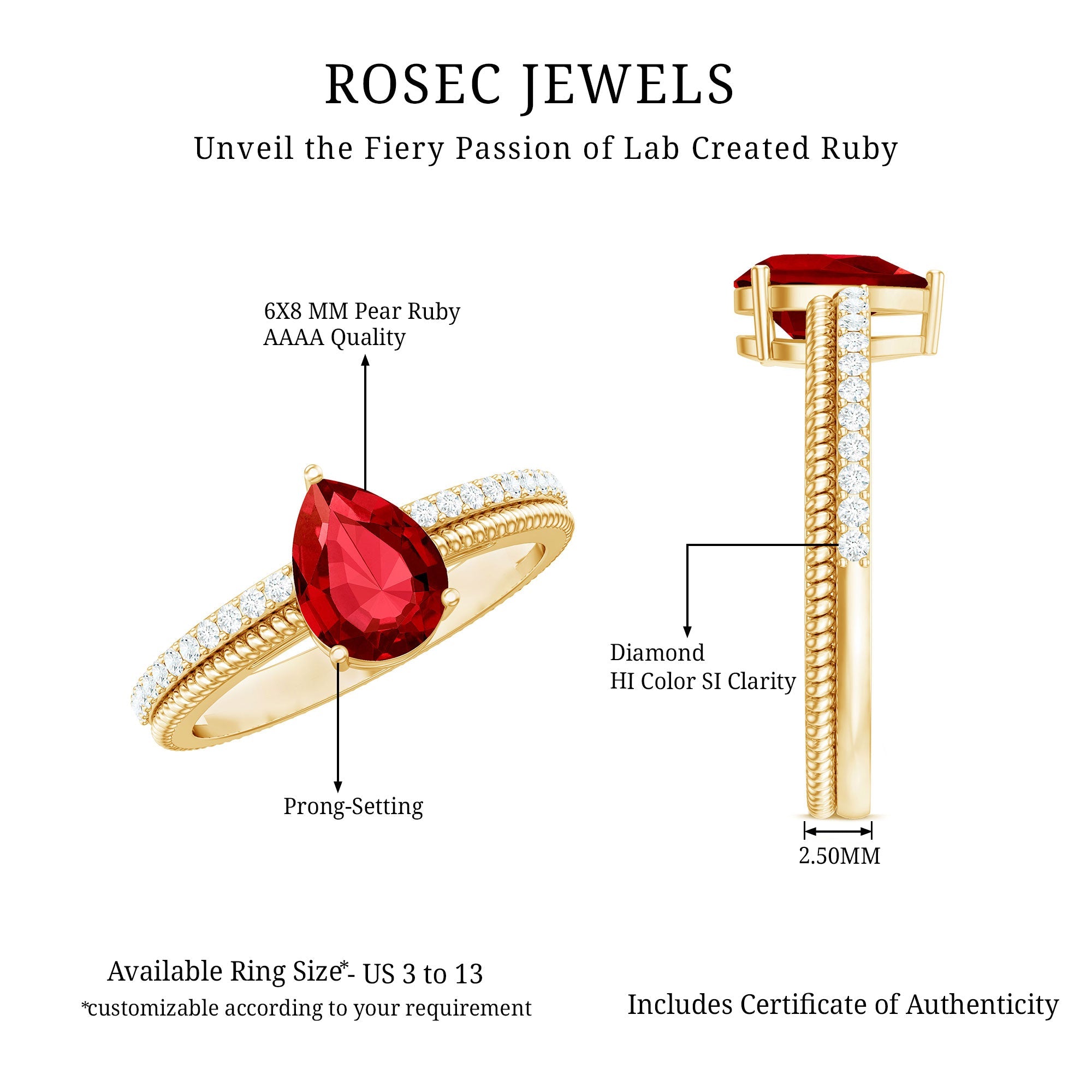 Solitaire Lab Grown Ruby Teardrop Engagement Ring with Diamonds
