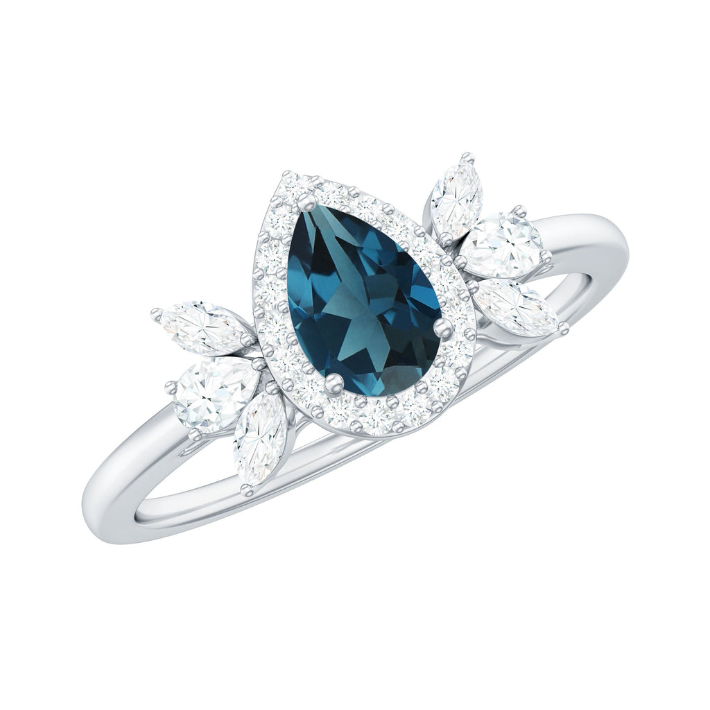 Pear Shaped London Blue Topaz Engagement Ring with Diamond Halo