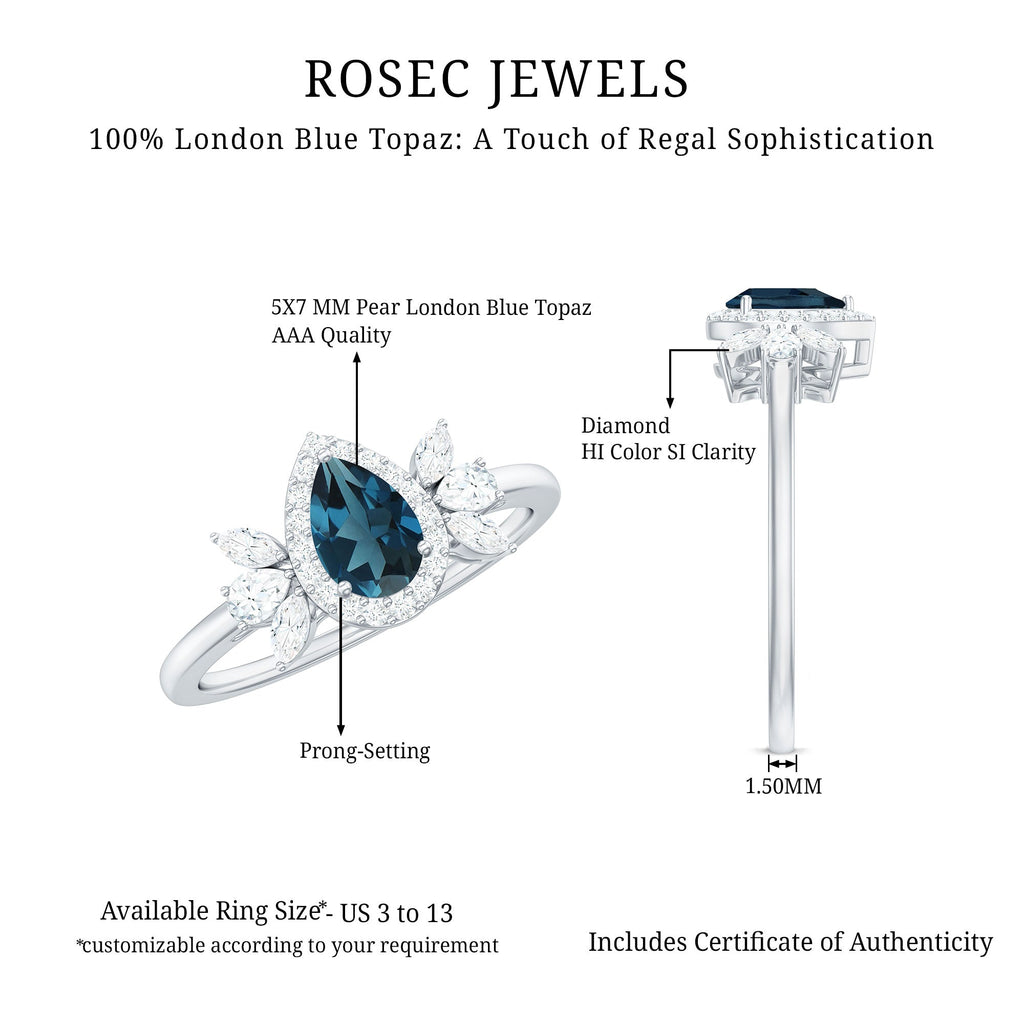 Pear Shaped London Blue Topaz Engagement Ring with Diamond Halo