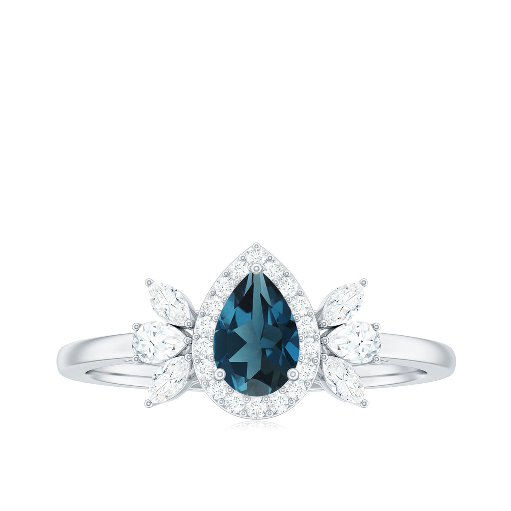 Pear Shaped London Blue Topaz Engagement Ring with Diamond Halo