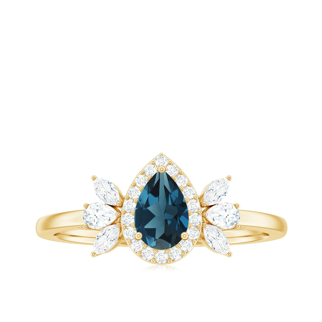 Pear Shaped London Blue Topaz Engagement Ring with Diamond Halo