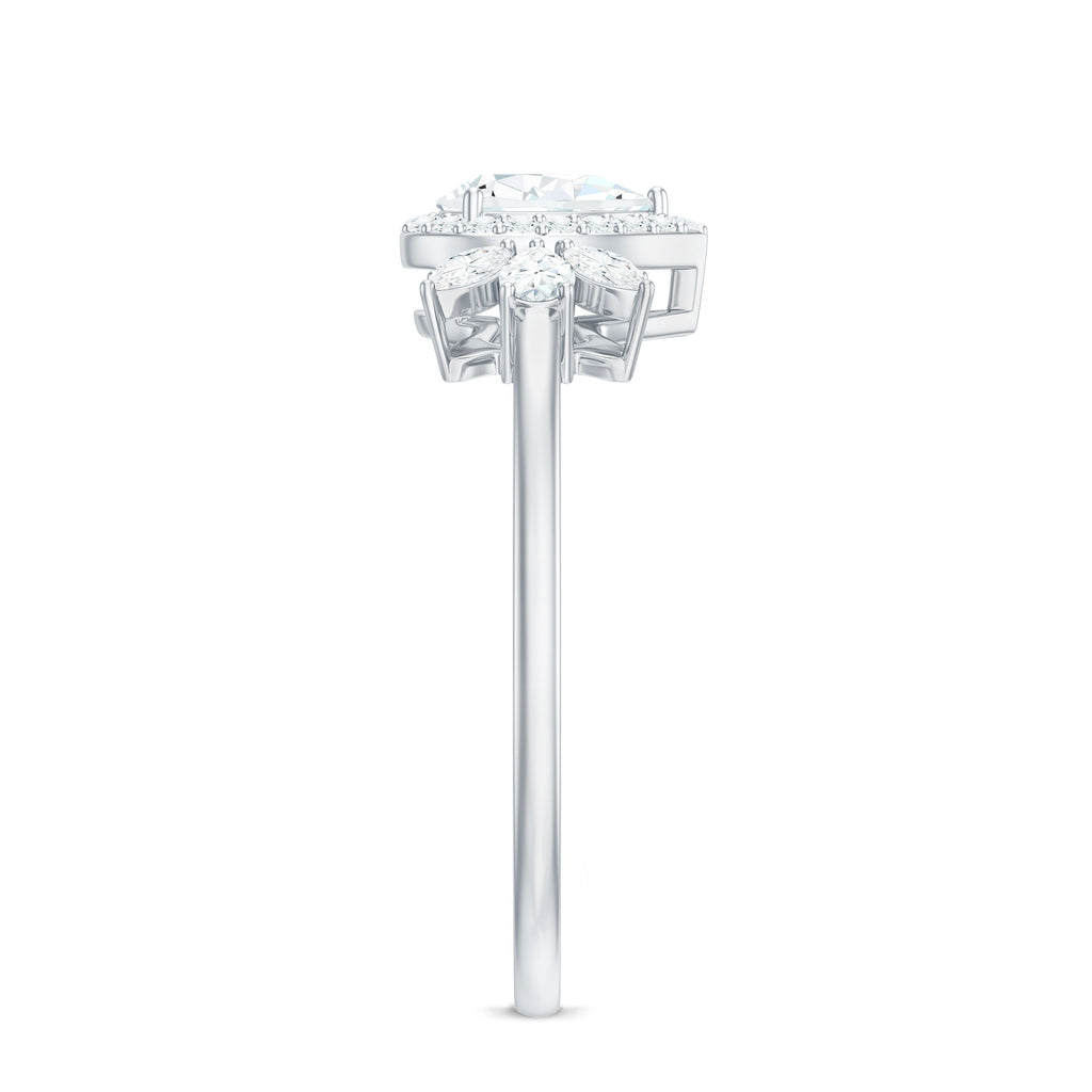 Pear Shaped Moissanite Halo Engagement Ring with Trio