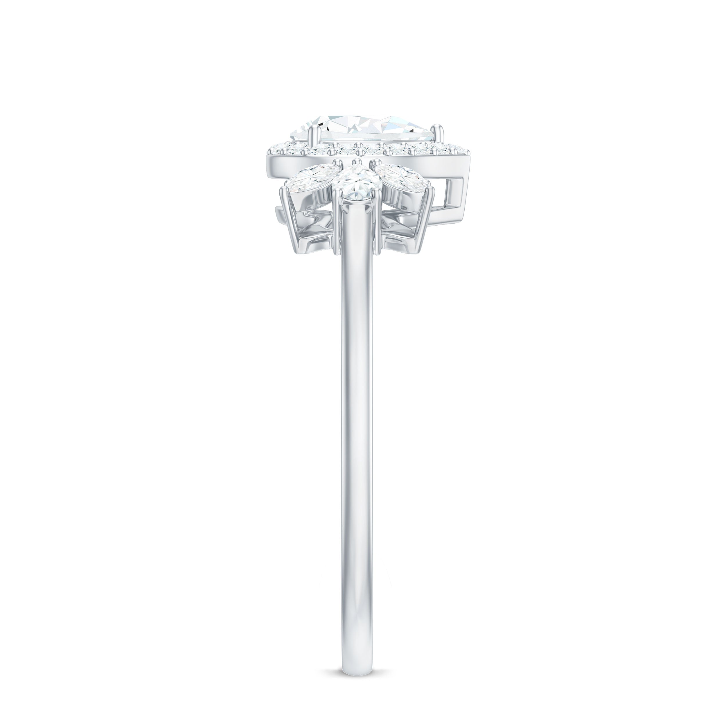 Pear Shaped Moissanite Halo Engagement Ring with Trio