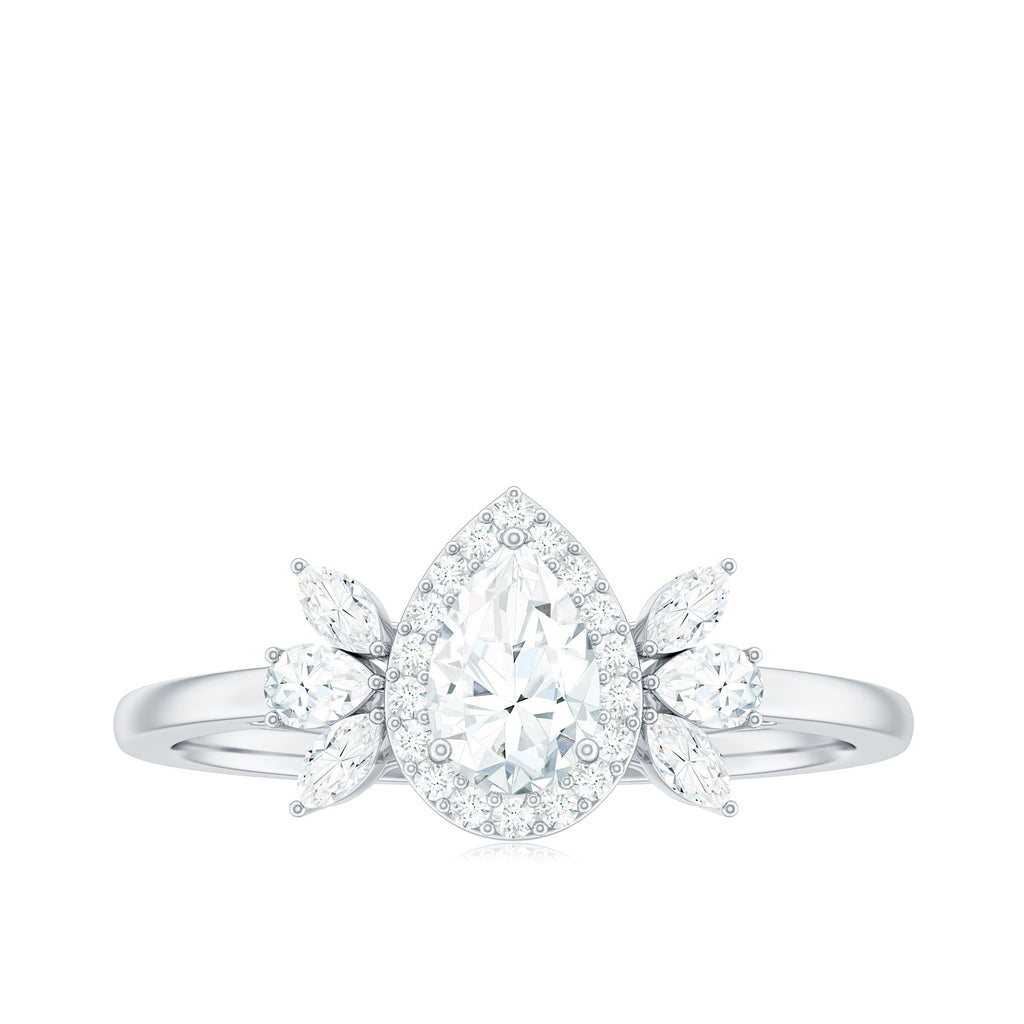 Pear Shaped Moissanite Halo Engagement Ring with Trio