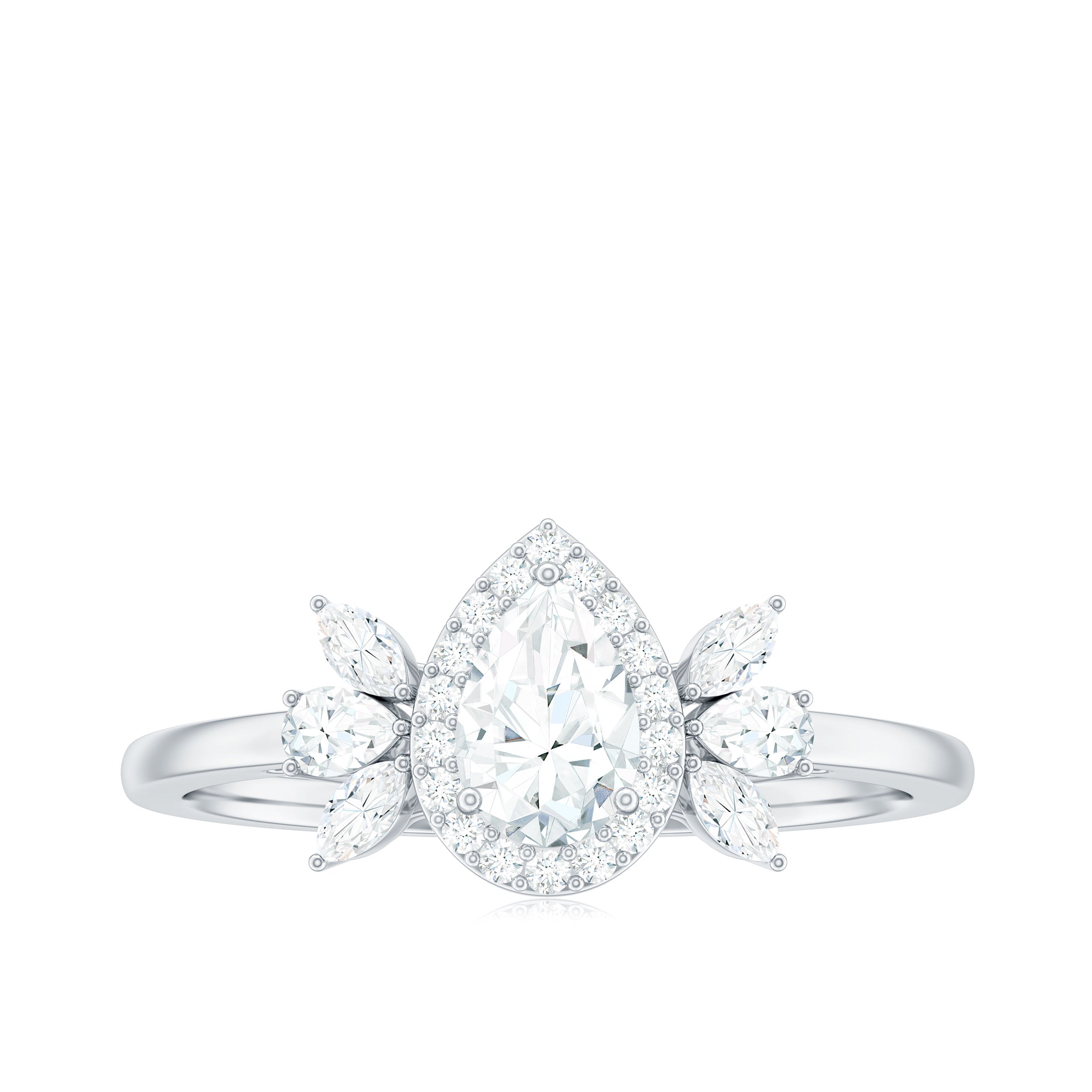 Pear Shaped Moissanite Halo Engagement Ring with Trio