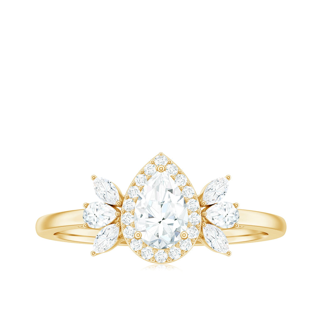 Pear Shaped Moissanite Halo Engagement Ring with Trio