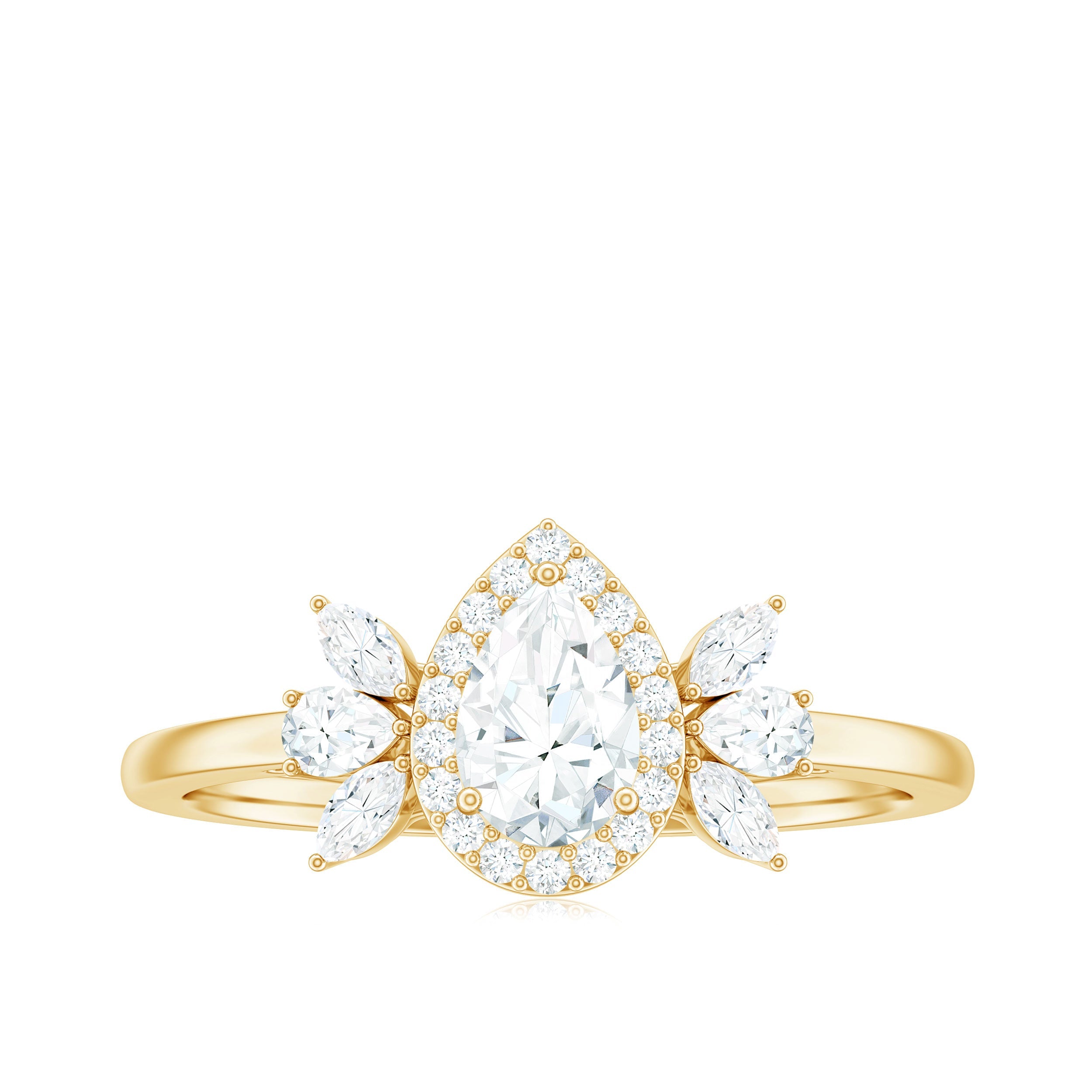 Pear Shaped Moissanite Halo Engagement Ring with Trio