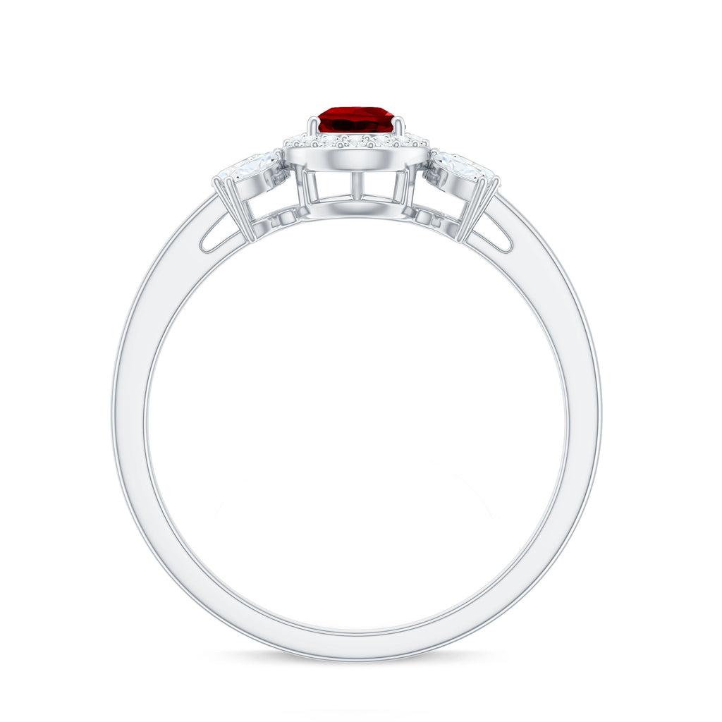 Pear Shaped Lab Grown Ruby Engagement Ring with Diamond Halo