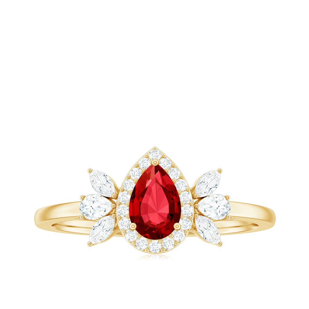 Pear Shaped Lab Grown Ruby Engagement Ring with Diamond Halo