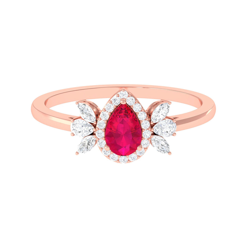 Natural 0.8 Carat Ruby Pear Shaped Engagement Ring with Diamond Halo