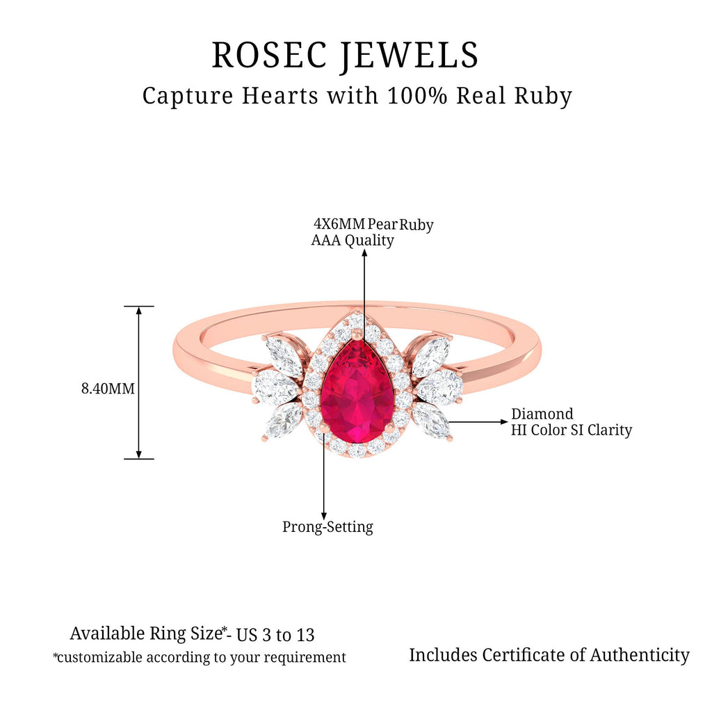 Natural 0.8 Carat Ruby Pear Shaped Engagement Ring with Diamond Halo