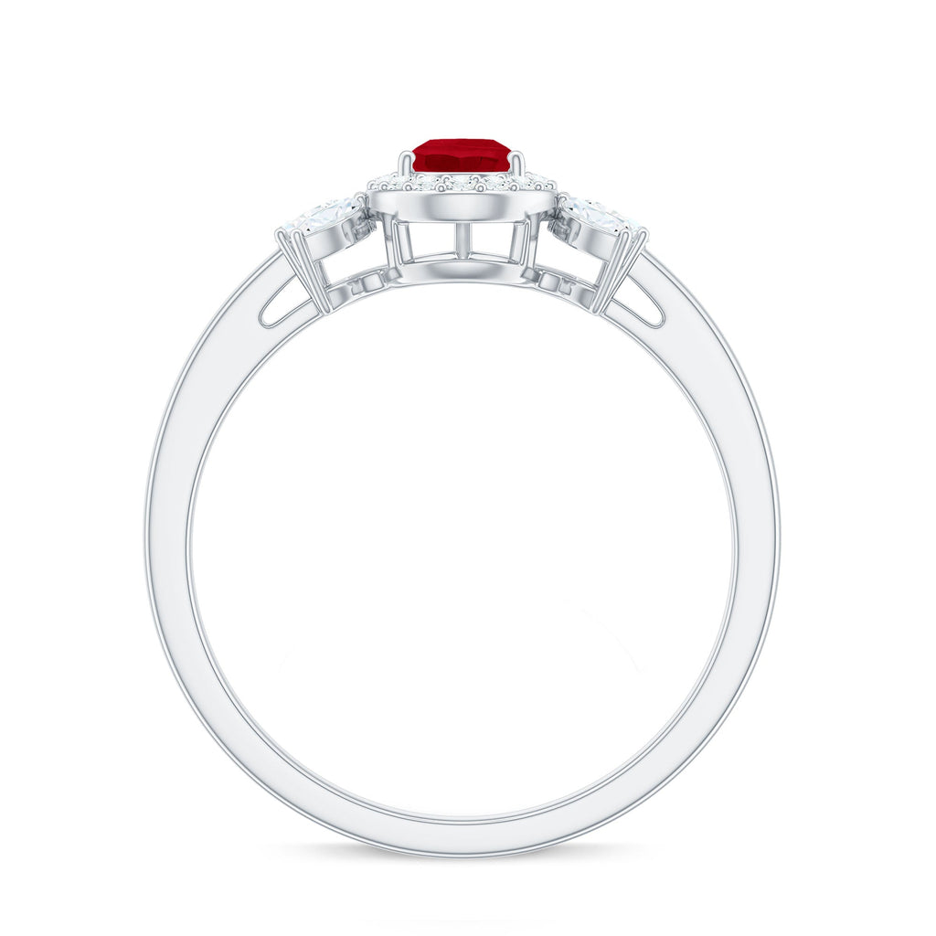 Natural 0.8 Carat Ruby Pear Shaped Engagement Ring with Diamond Halo