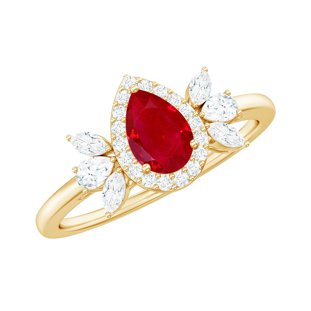 Natural 0.8 Carat Ruby Pear Shaped Engagement Ring with Diamond Halo